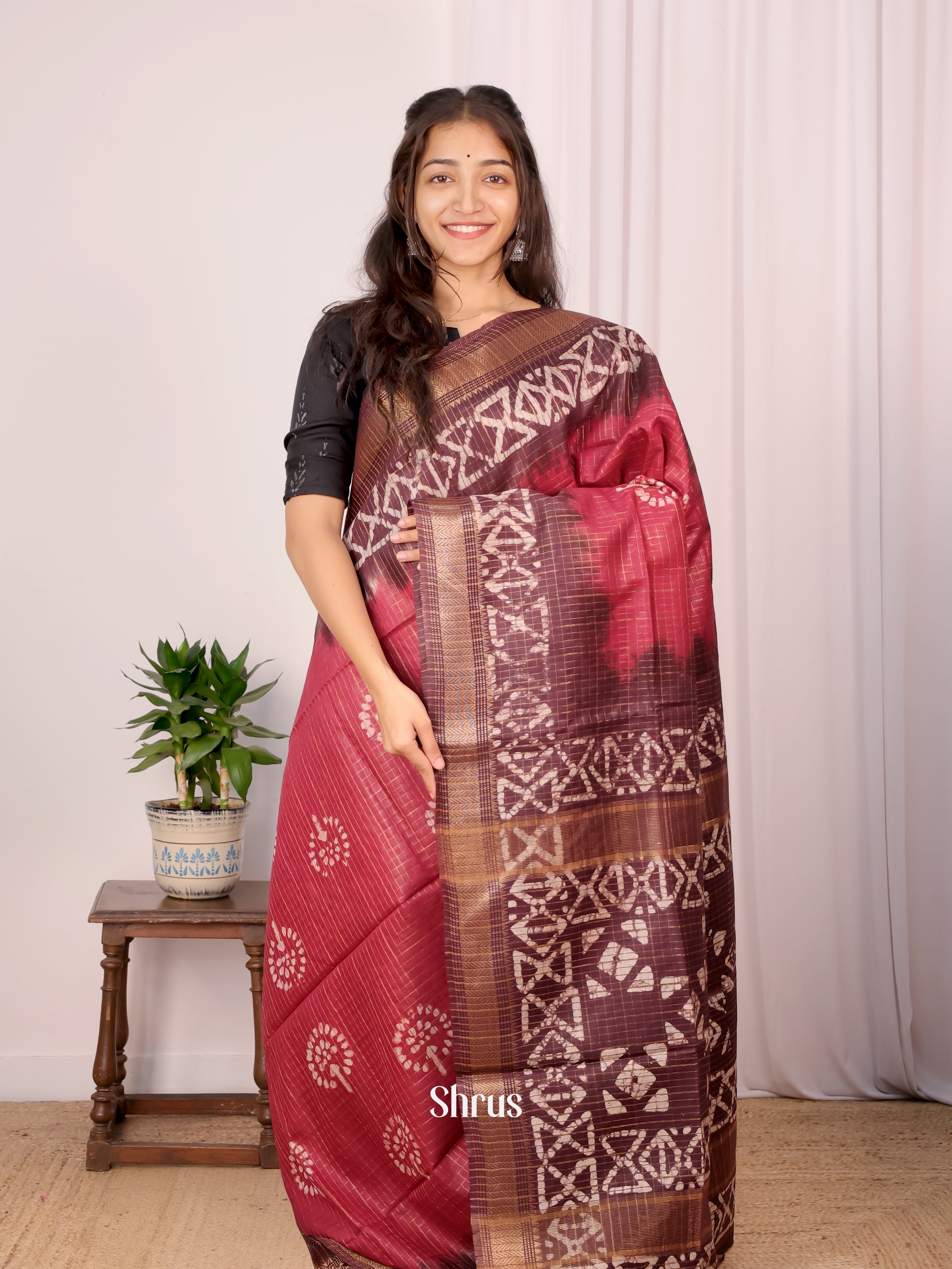 Maroon & Brown - Bhatik Saree - Shop on Shrus.com