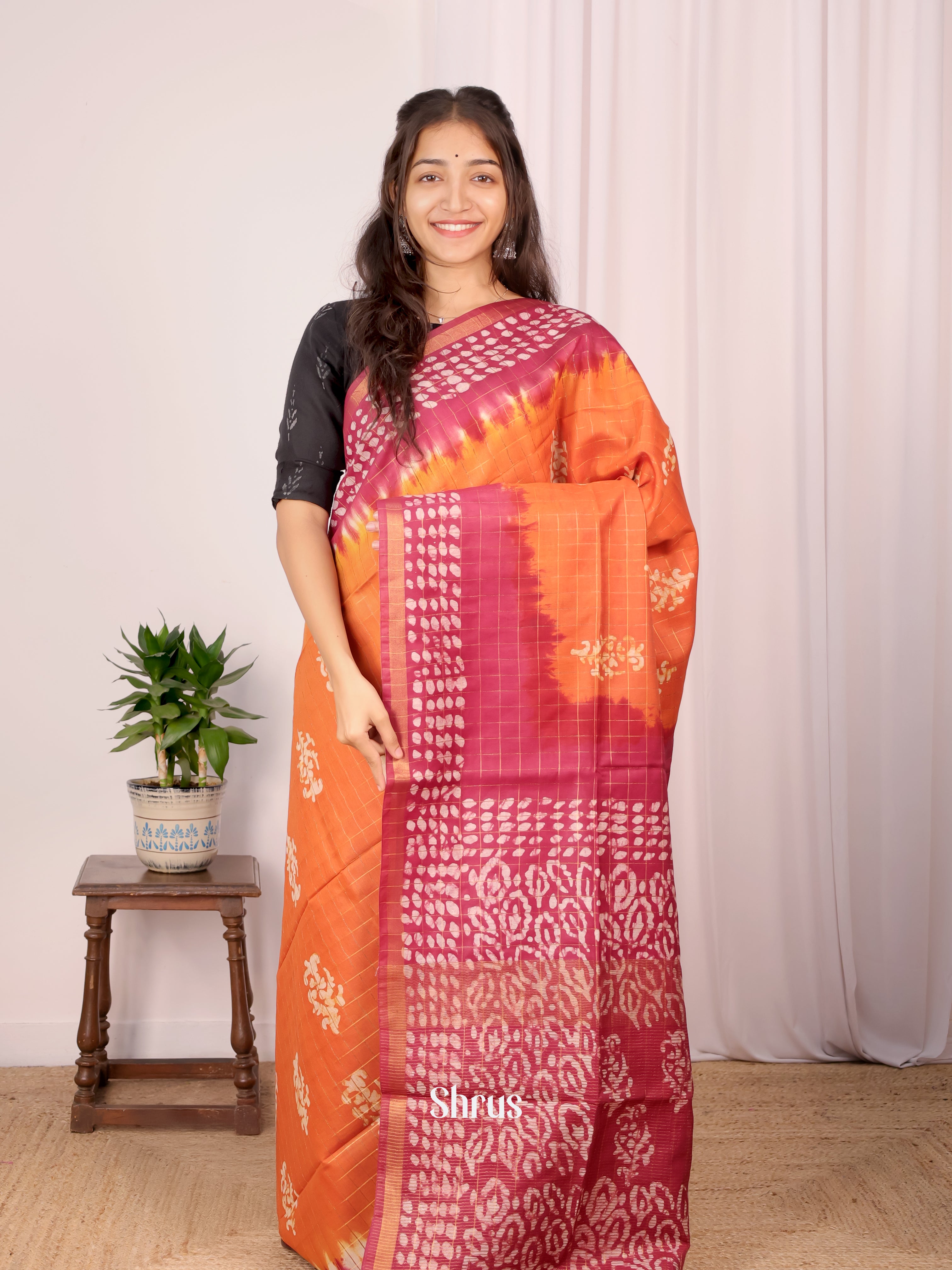 Orange & Maroon- Bhatik Saree - Shop on Shrus.com