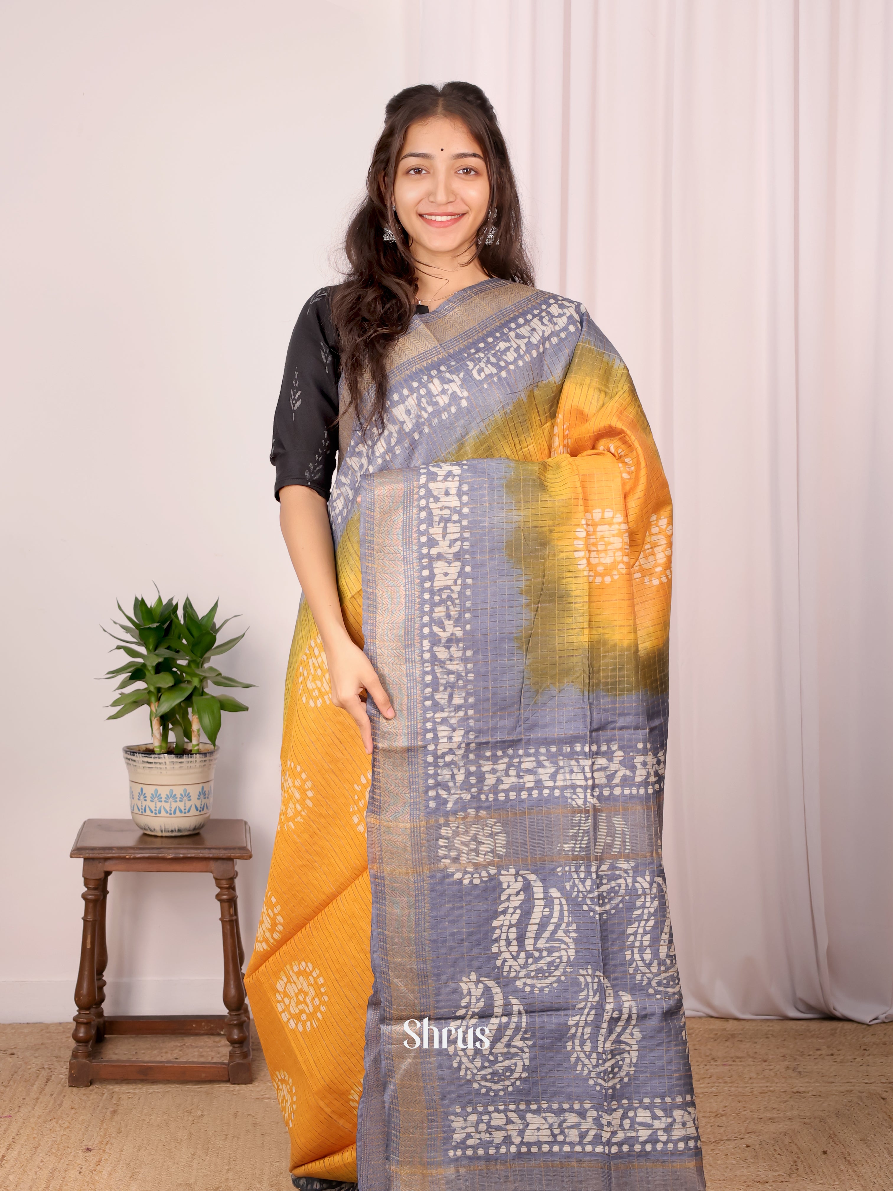 Yellow & Grey - Bhatik Saree - Shop on Shrus.com