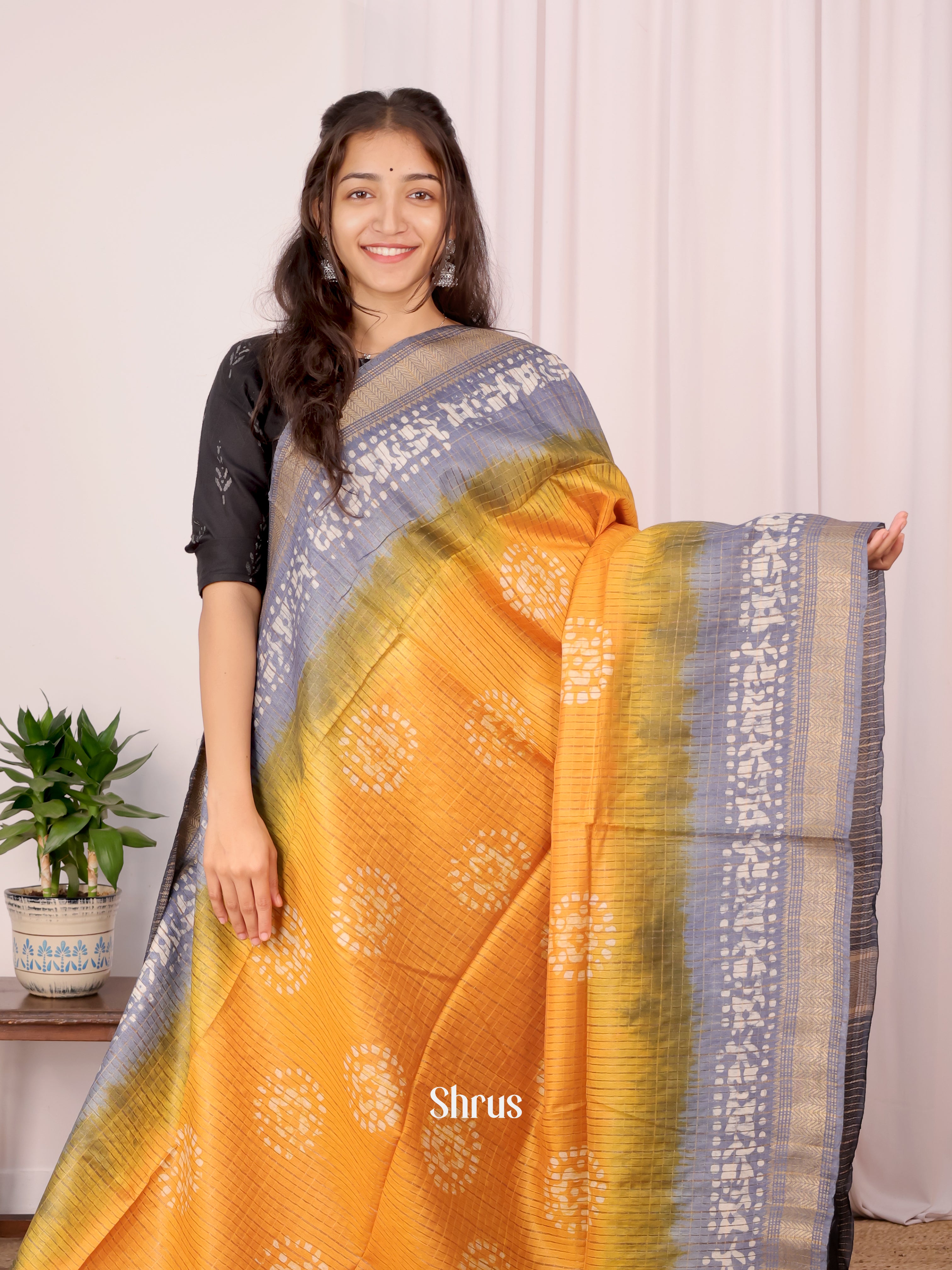 Yellow & Grey - Bhatik Saree - Shop on Shrus.com