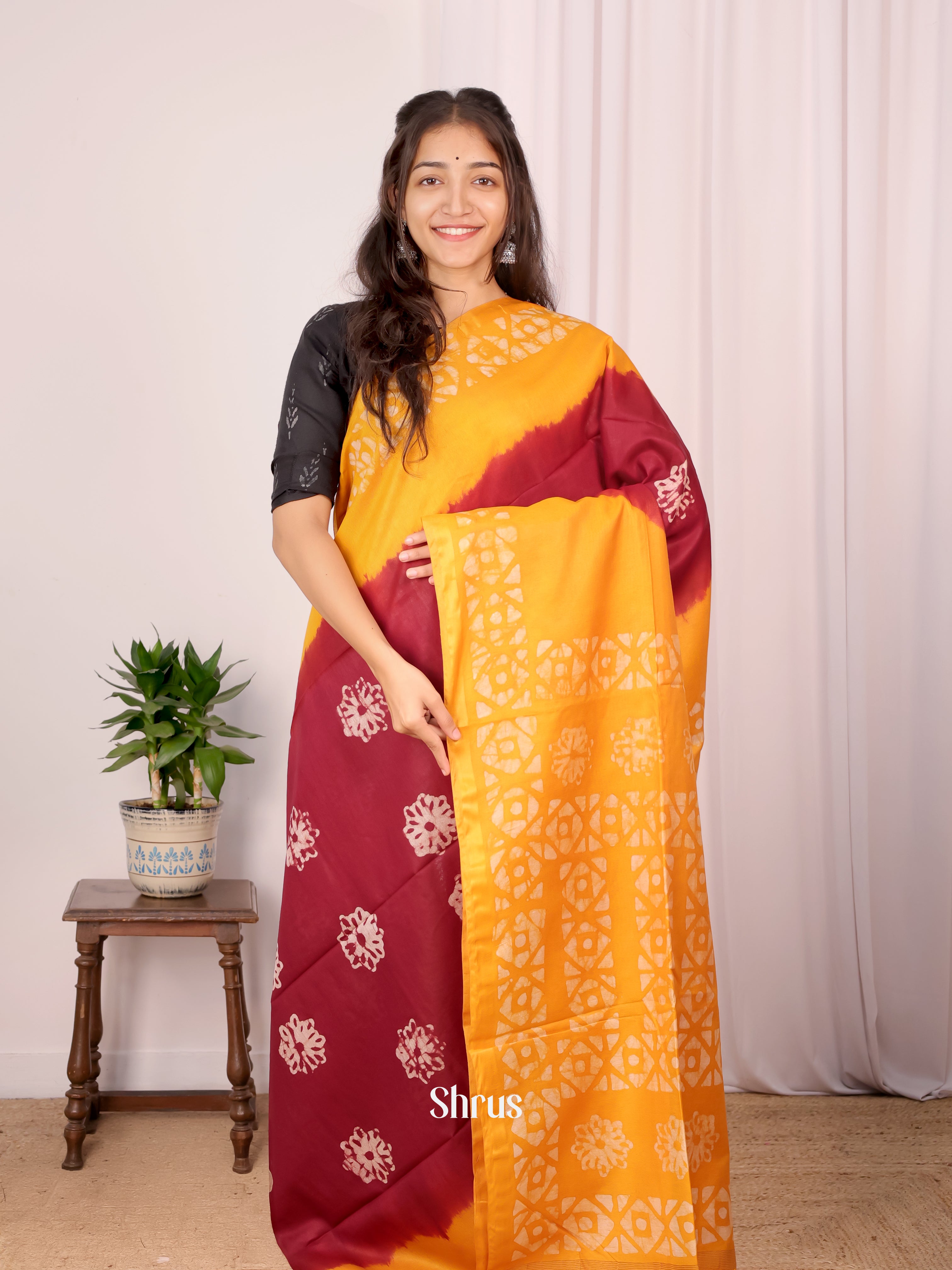 Maroon & Yellow - Bhatik Saree - Shop on Shrus.com