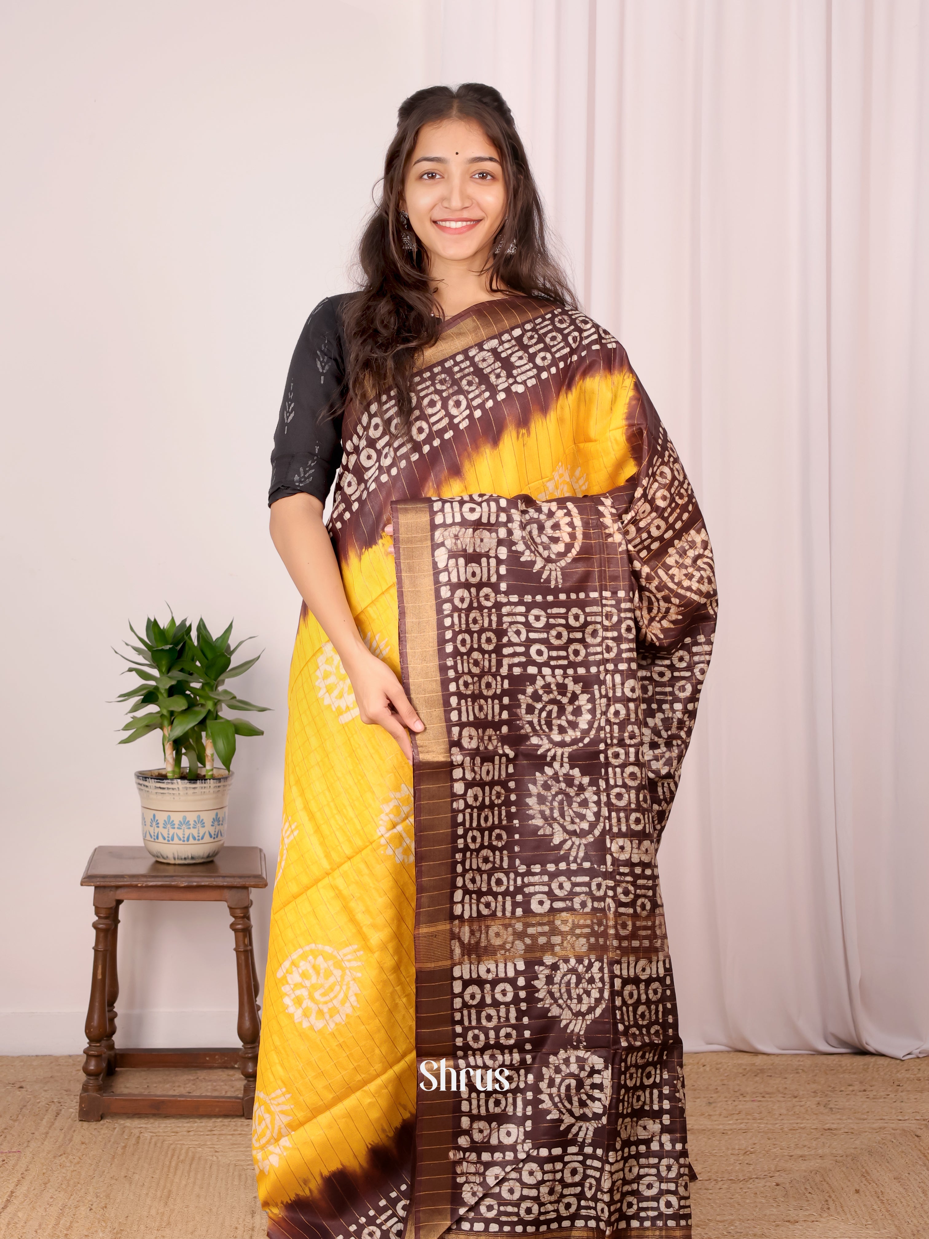Yellow & Brown - Bhatik Saree - Shop on Shrus.com