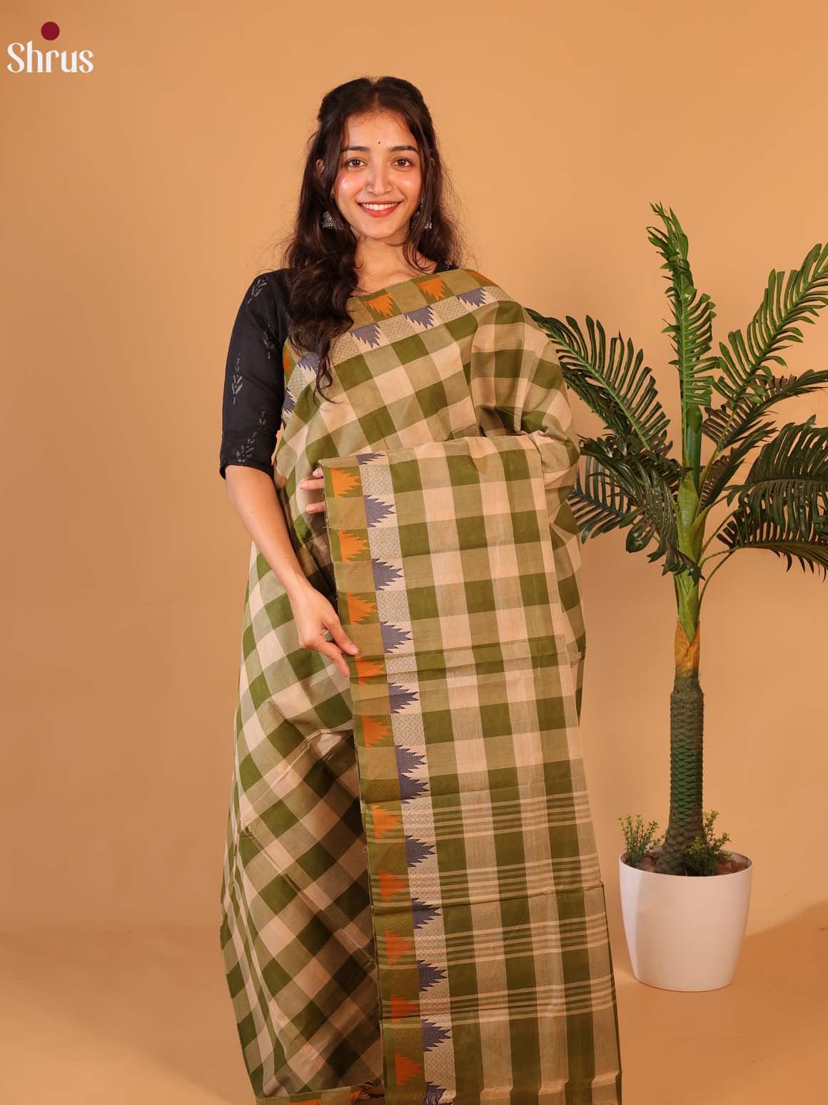 Cream & Green - Chettinad Cotton Saree - Shop on Shrus.com