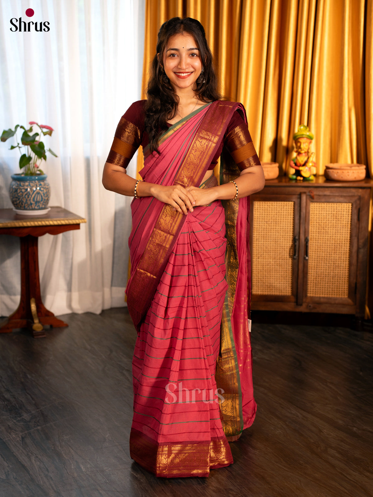 Lotus Pink & Brown - Chettinad Cotton Saree - Shop on Shrus.com