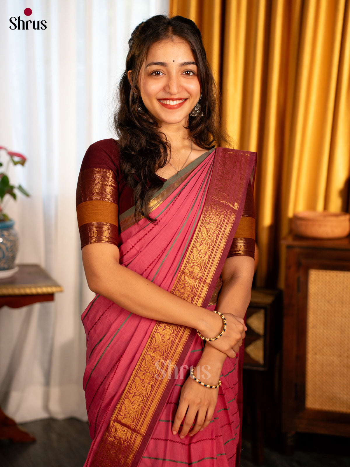 Lotus Pink & Brown - Chettinad Cotton Saree - Shop on Shrus.com