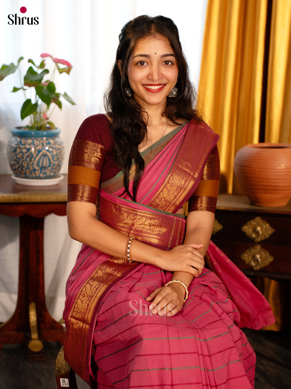 Lotus Pink & Brown - Chettinad Cotton Saree - Shop on Shrus.com
