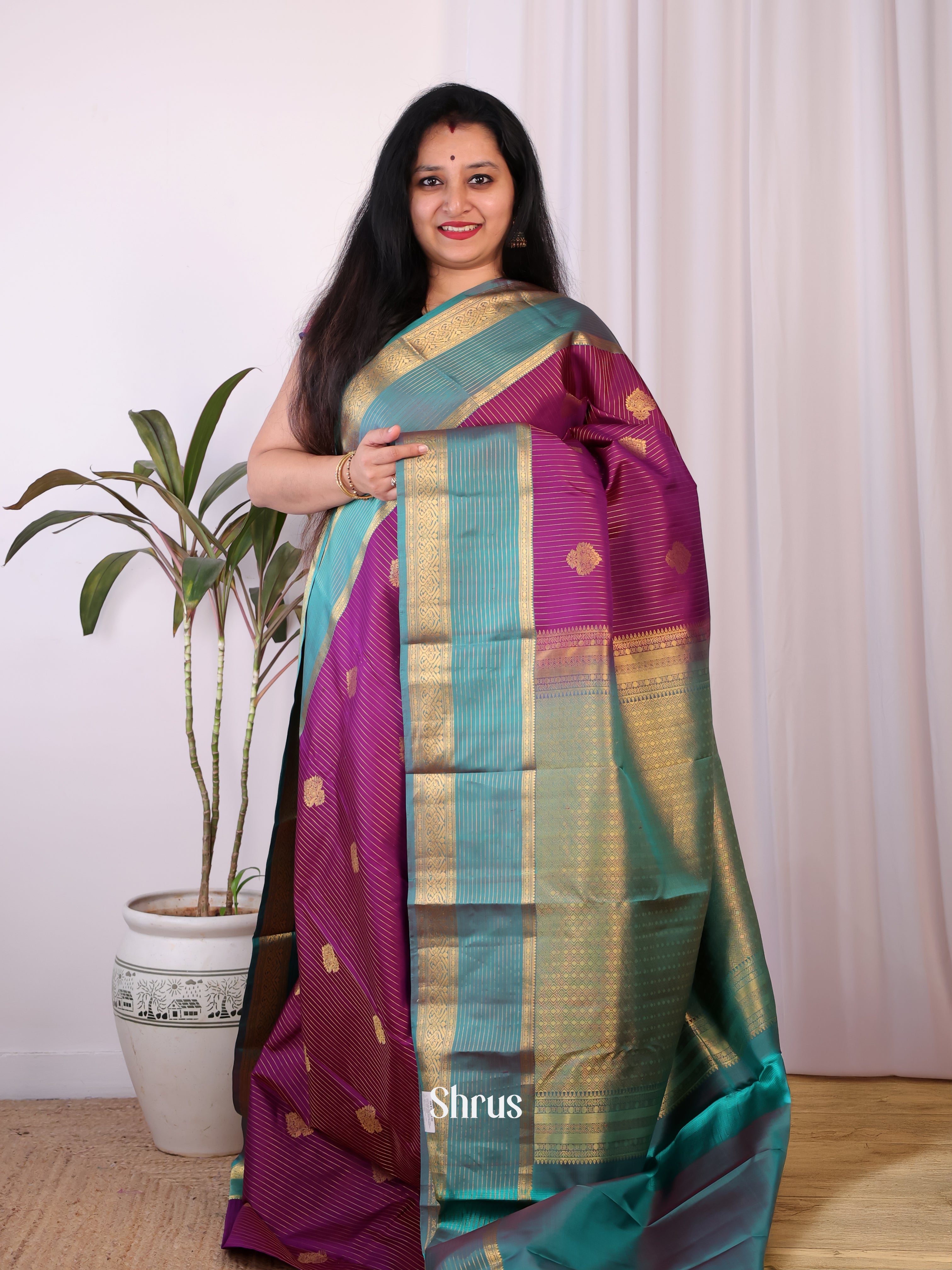Violet & Blue- Kanchipuram silk Saree - Shop on Shrus.com