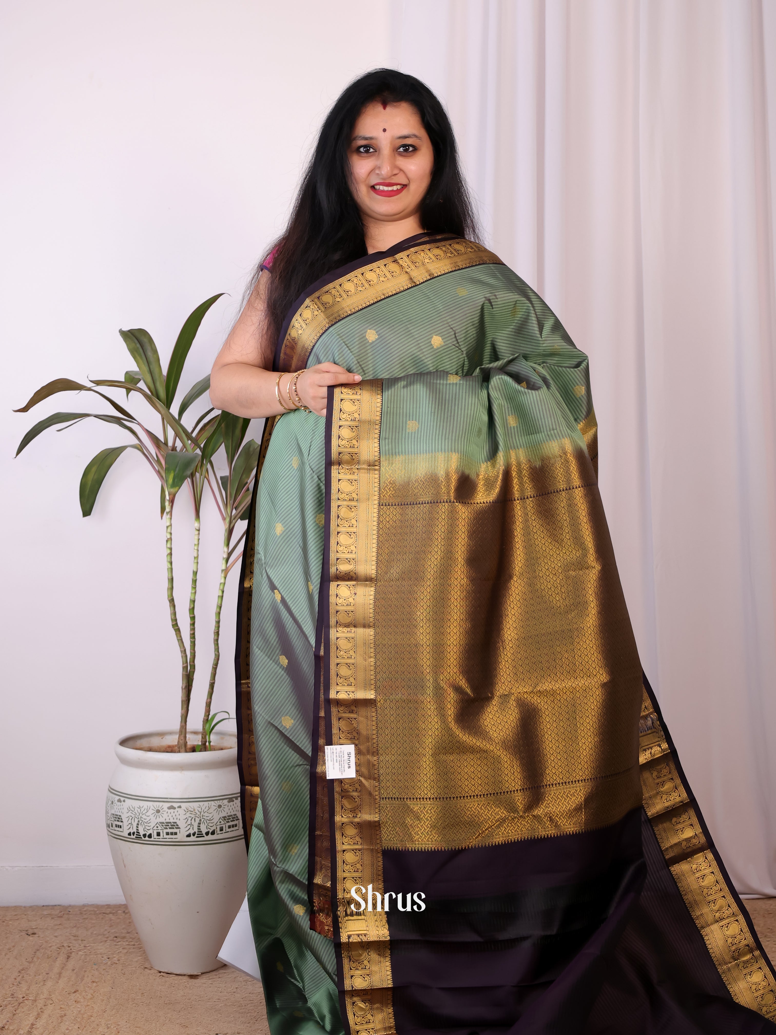 Green & Dark Purple - Kanchipuram silk Saree - Shop on Shrus.com