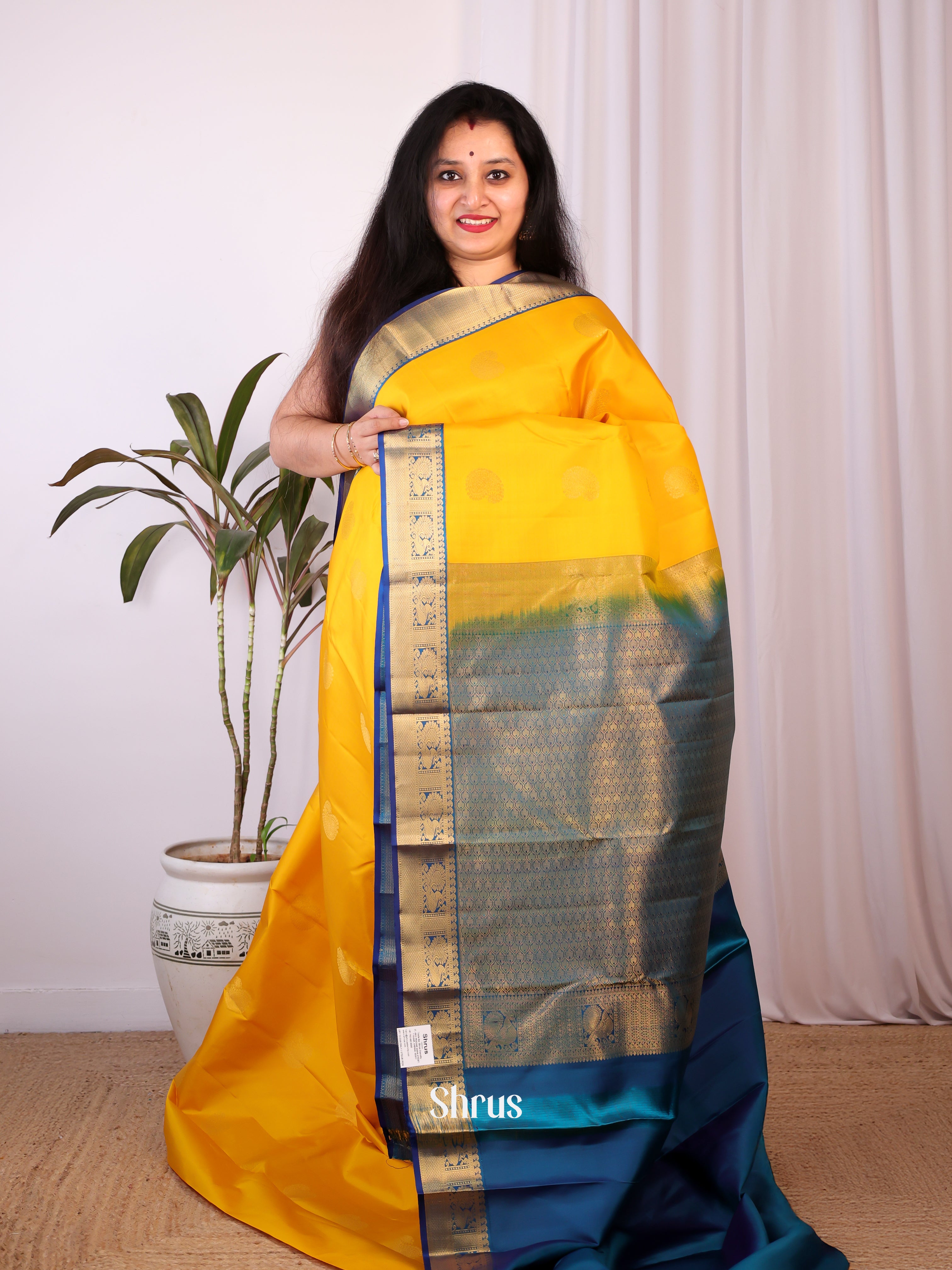 Yellow & Blue - Kanchipuram silk Saree - Shop on Shrus.com