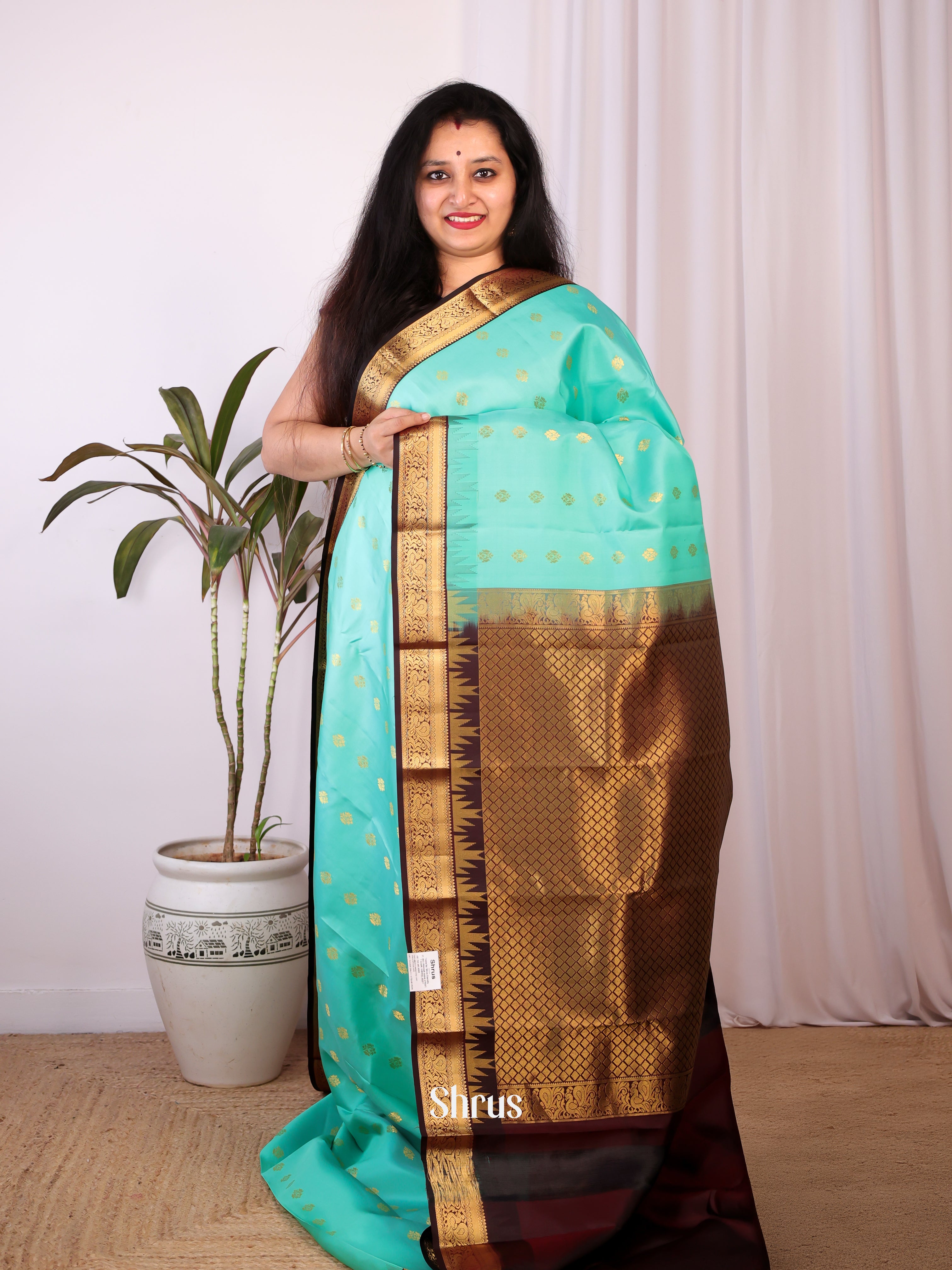 Teal Green & Brown- Kanchipuram silk Saree - Shop on Shrus.com