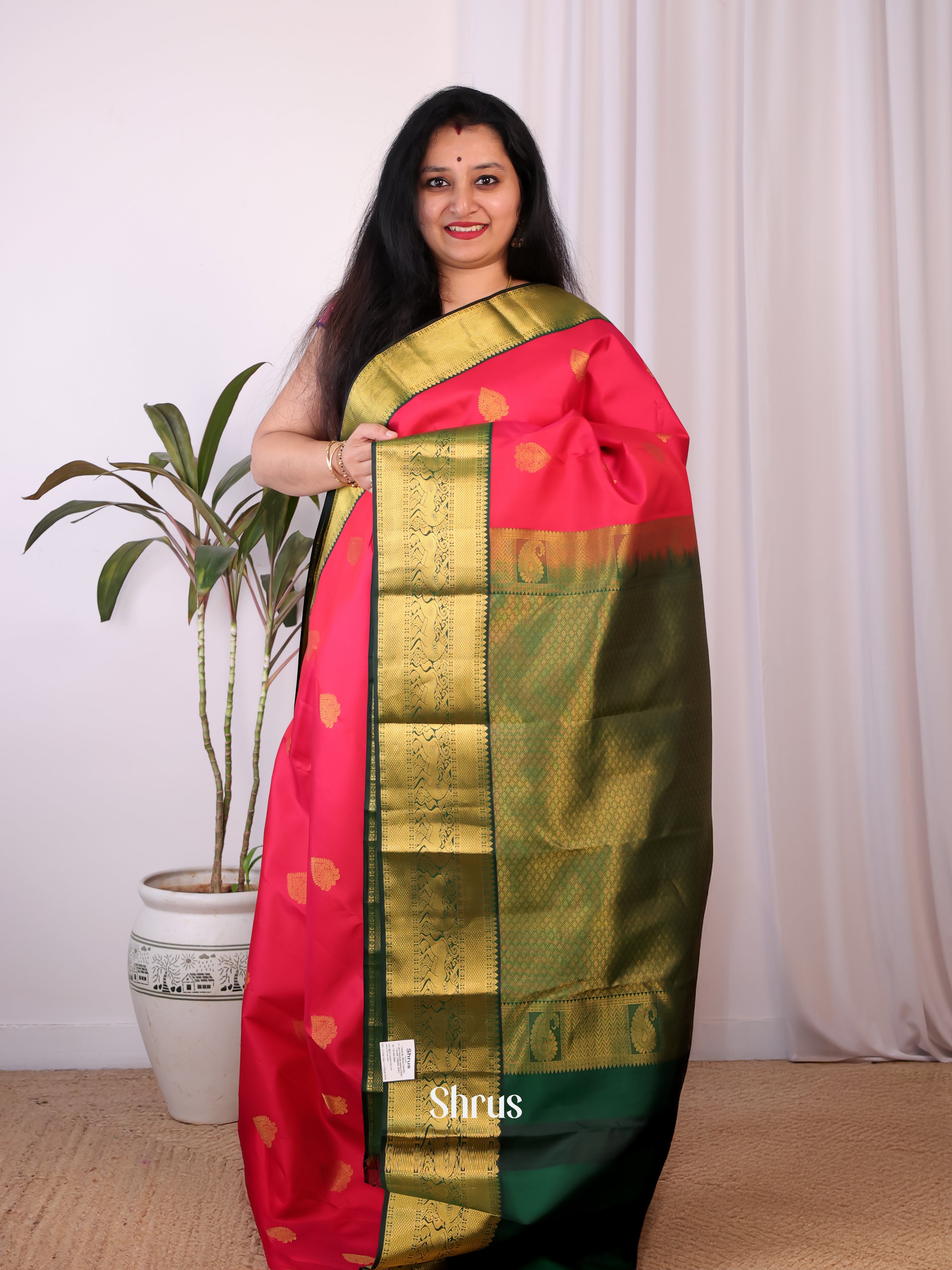 Pink & Green - Kanchipuram silk Saree - Shop on Shrus.com