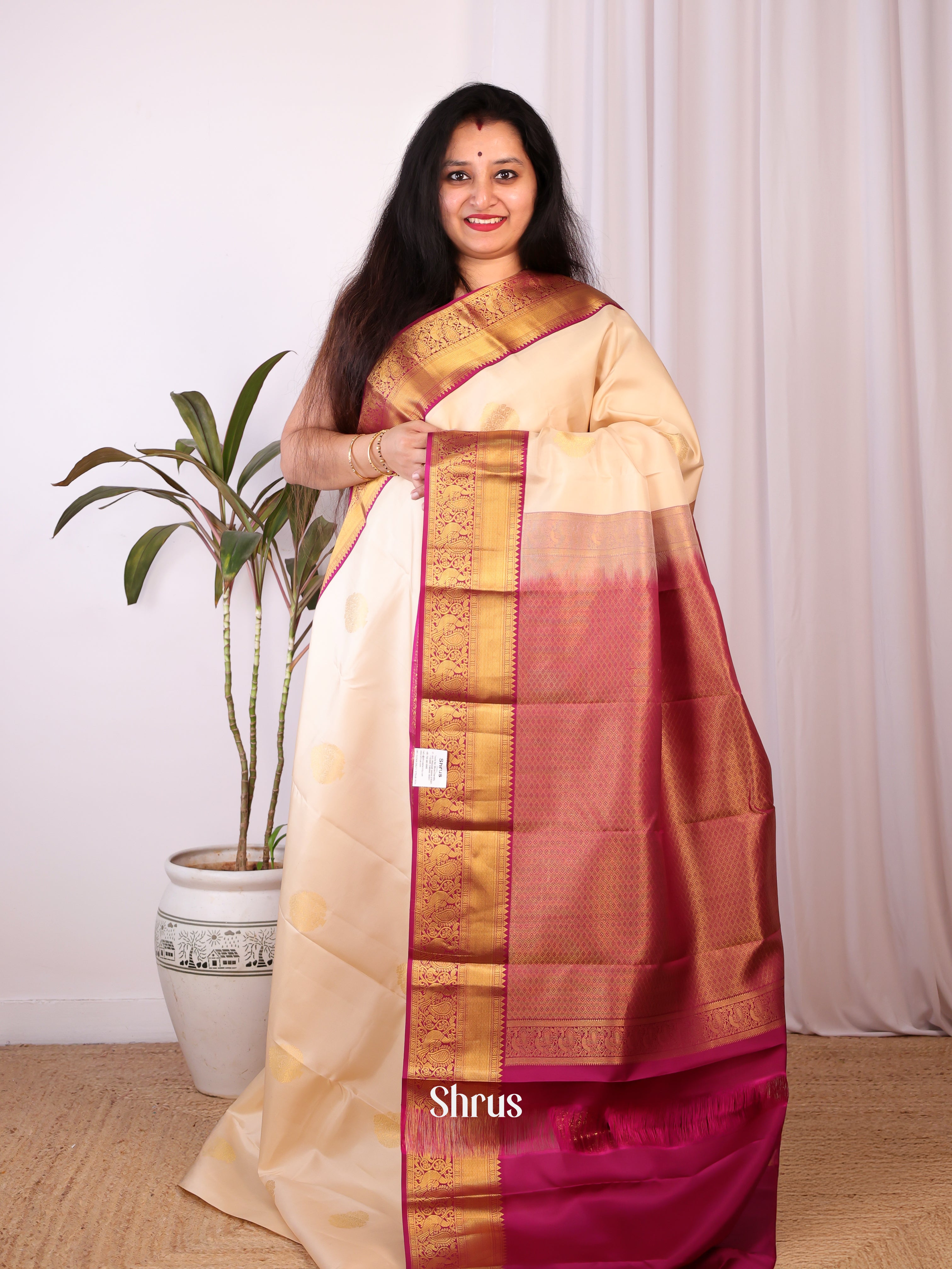 Charming Cream and Maroon Authentic Kanchipuram silk Saree With Zari Woven Floral Buttas - Shop on Shrus.com