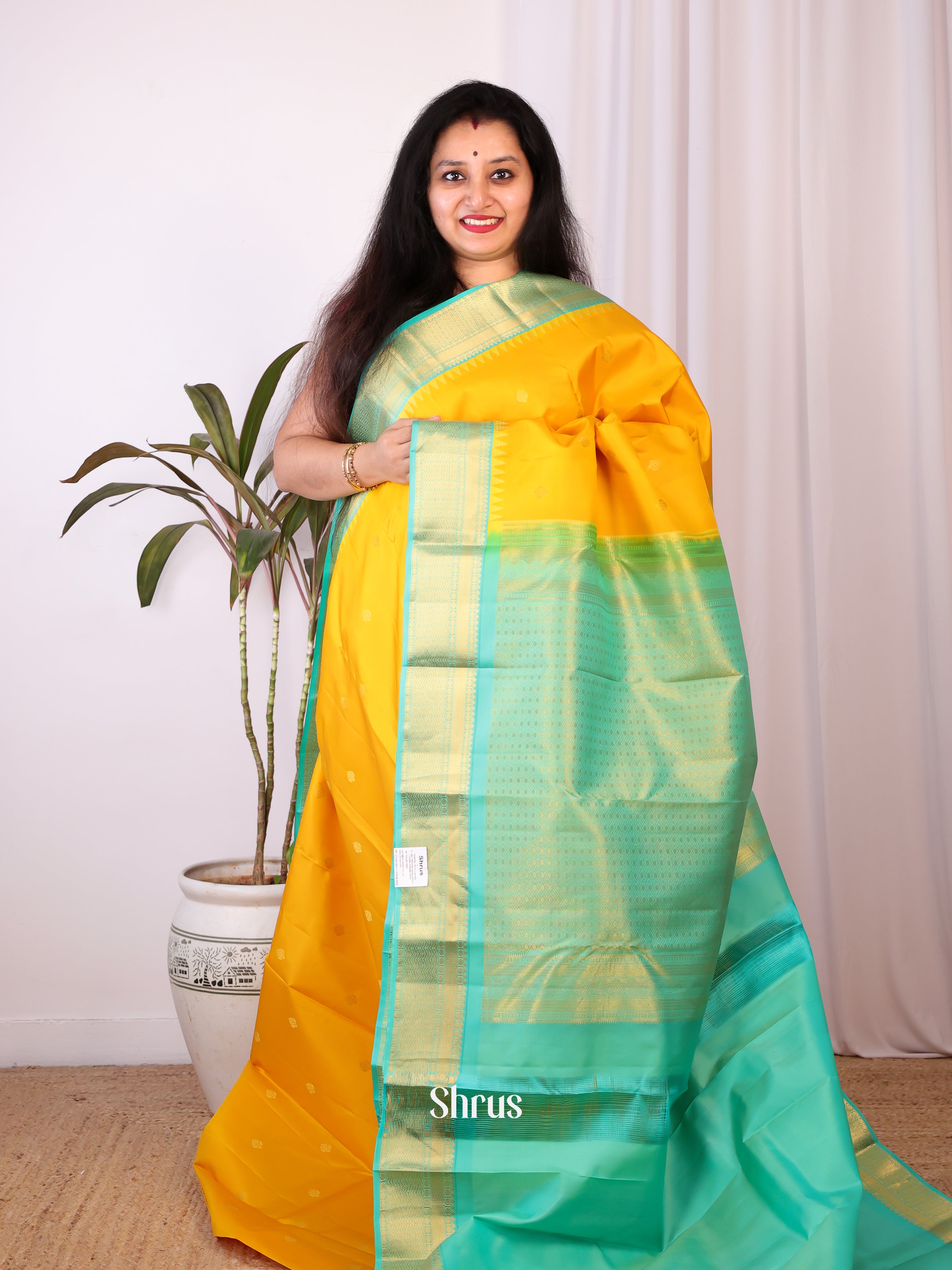 Yellow & Teal green - Kanchipuram silk Saree - Shop on Shrus.com