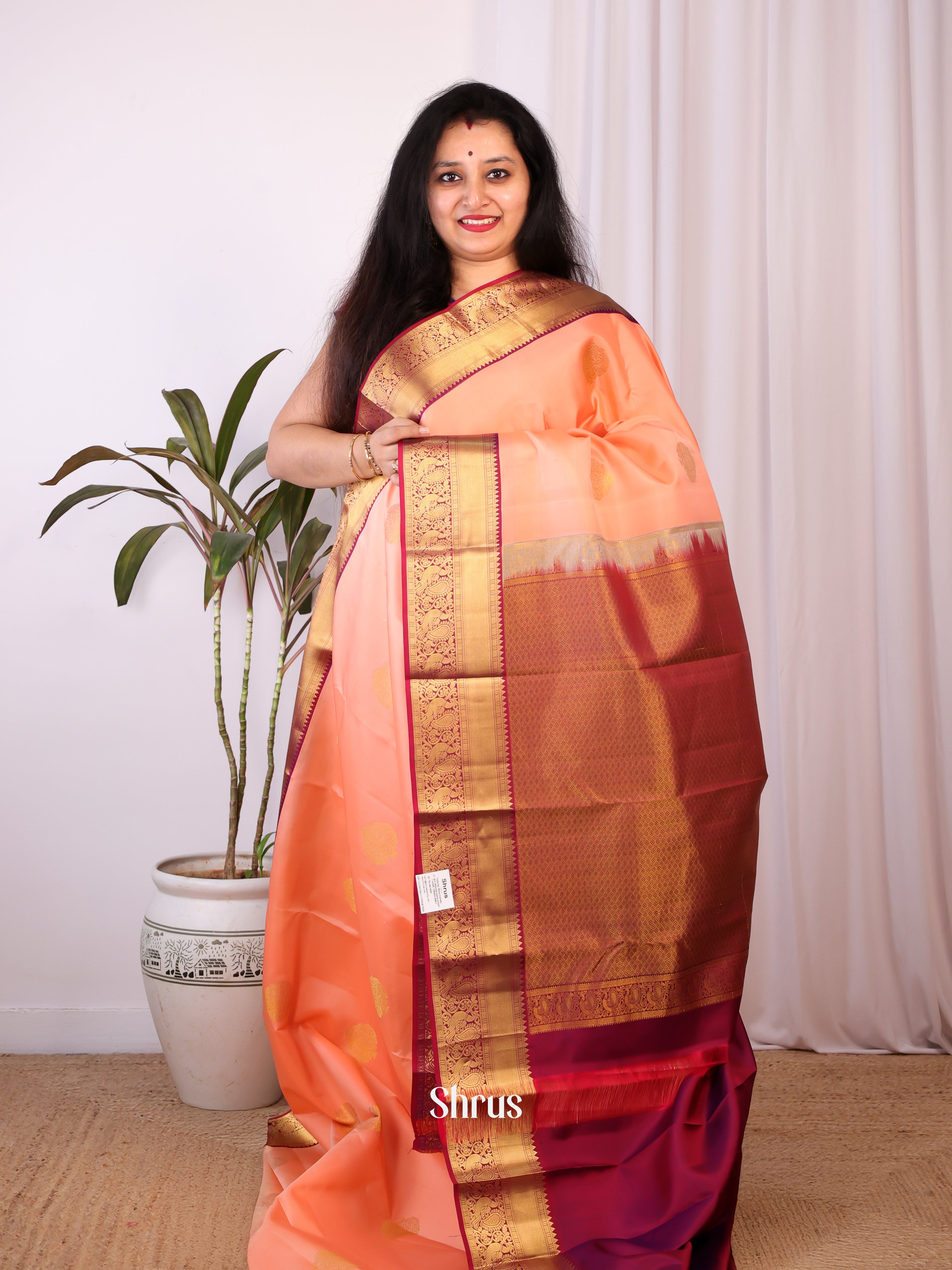 Peach & Maroon - Kanchipuram silk Saree - Shop on Shrus.com