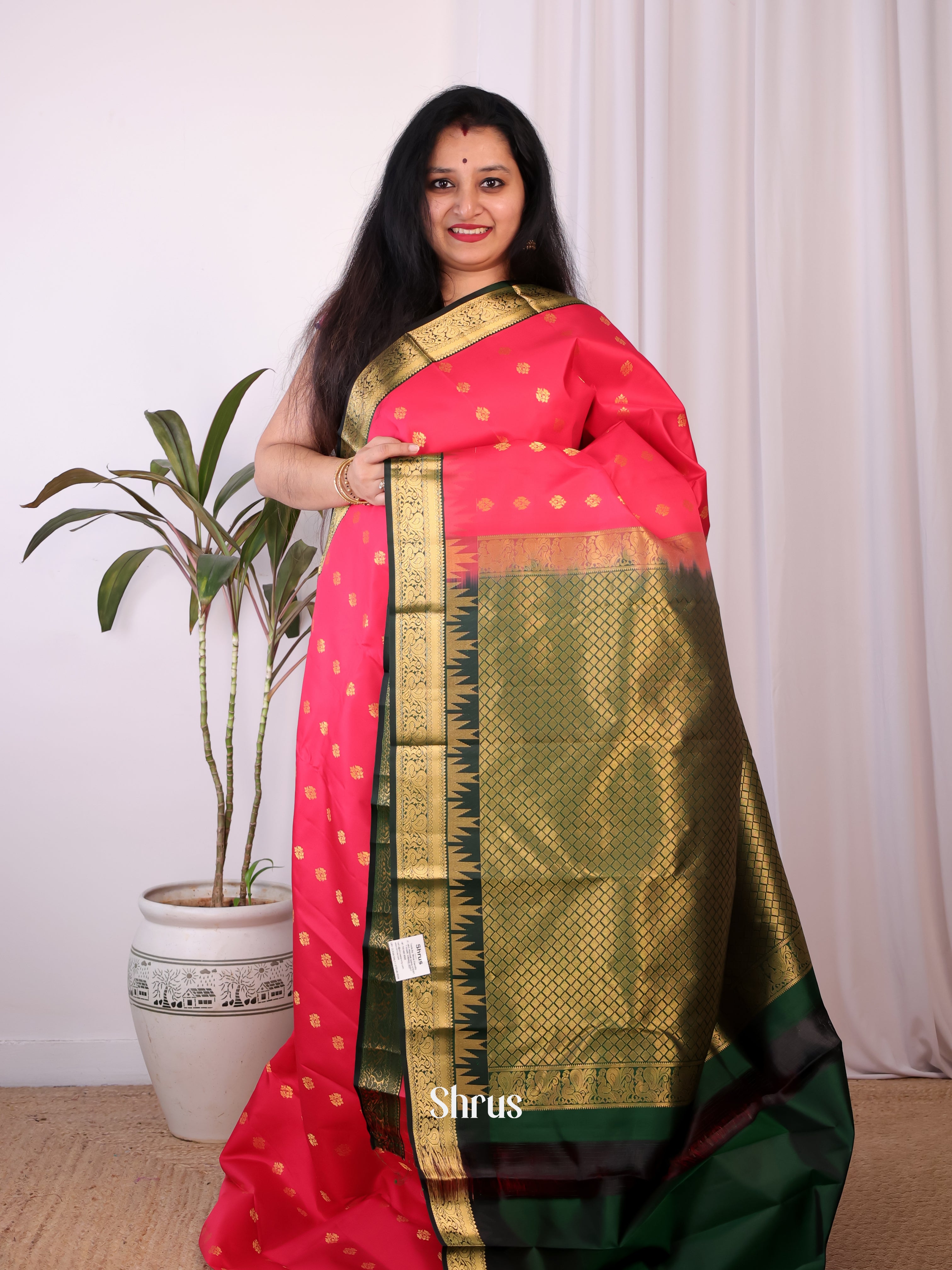 Pink and Green Bridal Kanchipuram silk Saree With Zari Woven Thousand Buttas - Shop on Shrus.com