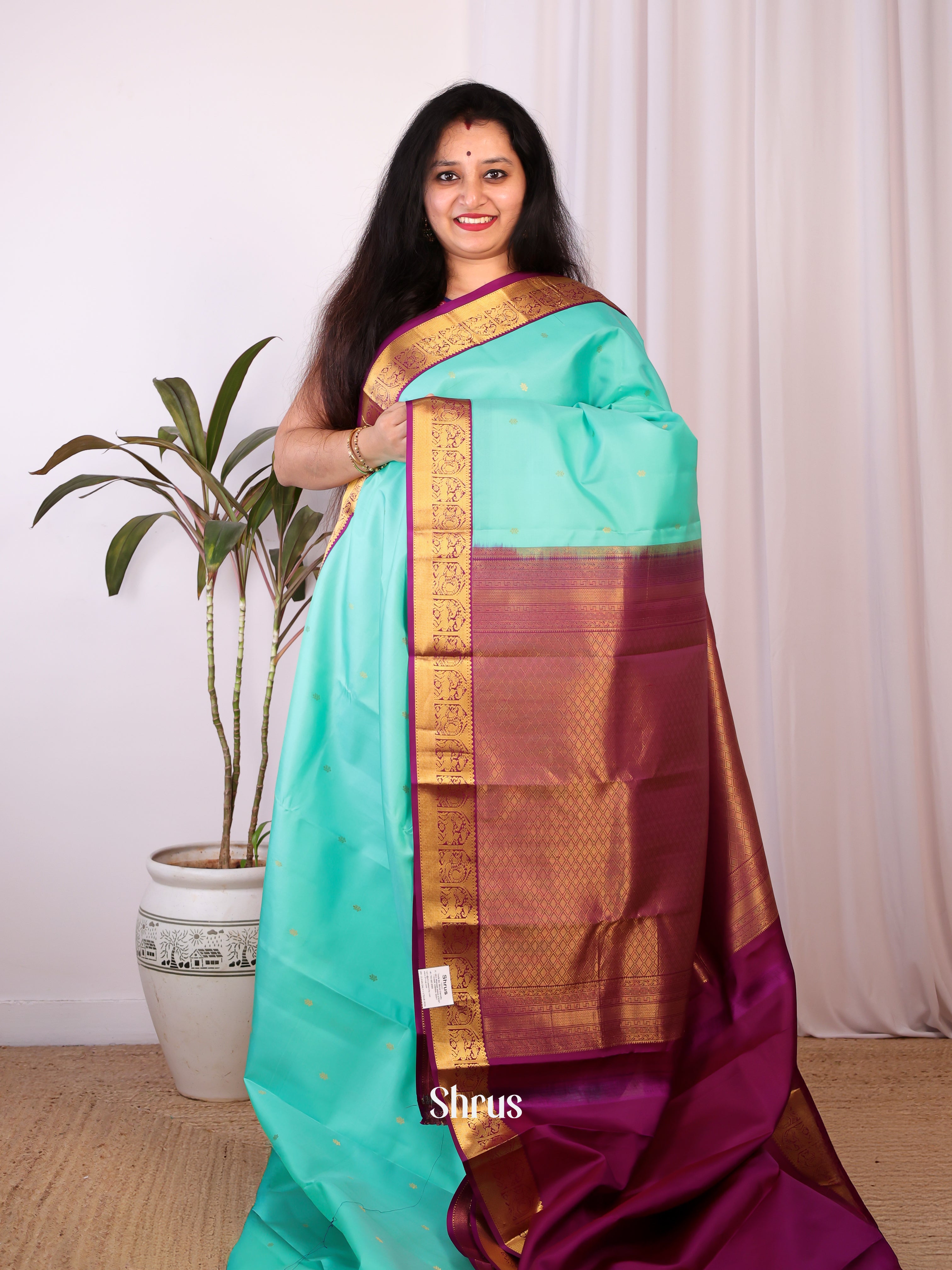 Teal & Purple - Kanchipuram silk Saree - Shop on Shrus.com