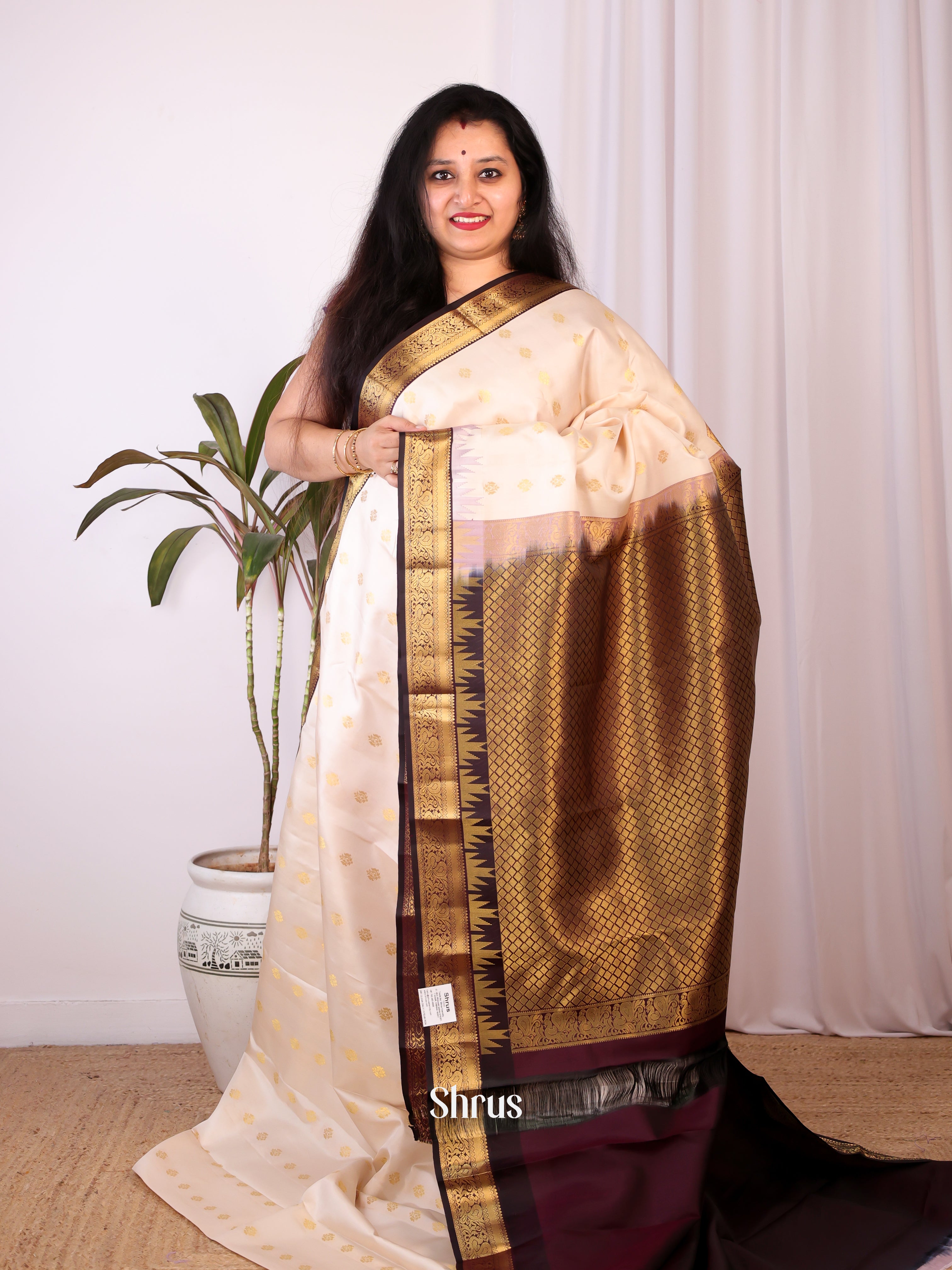Cream & Brown- Kanchipuram silk Saree - Shop on Shrus.com