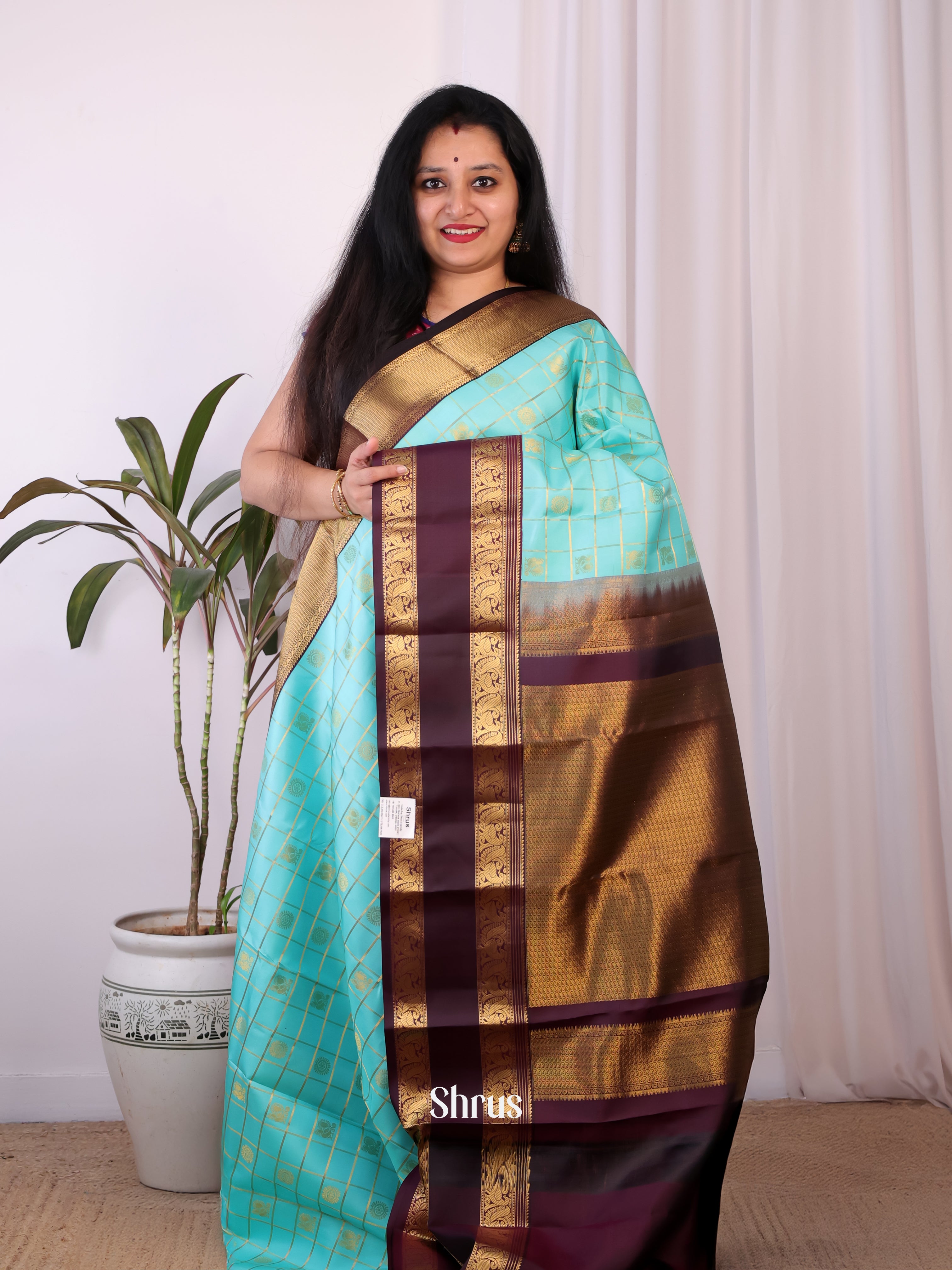 Teal & Brown - Kanchipuram silk Saree - Shop on Shrus.com