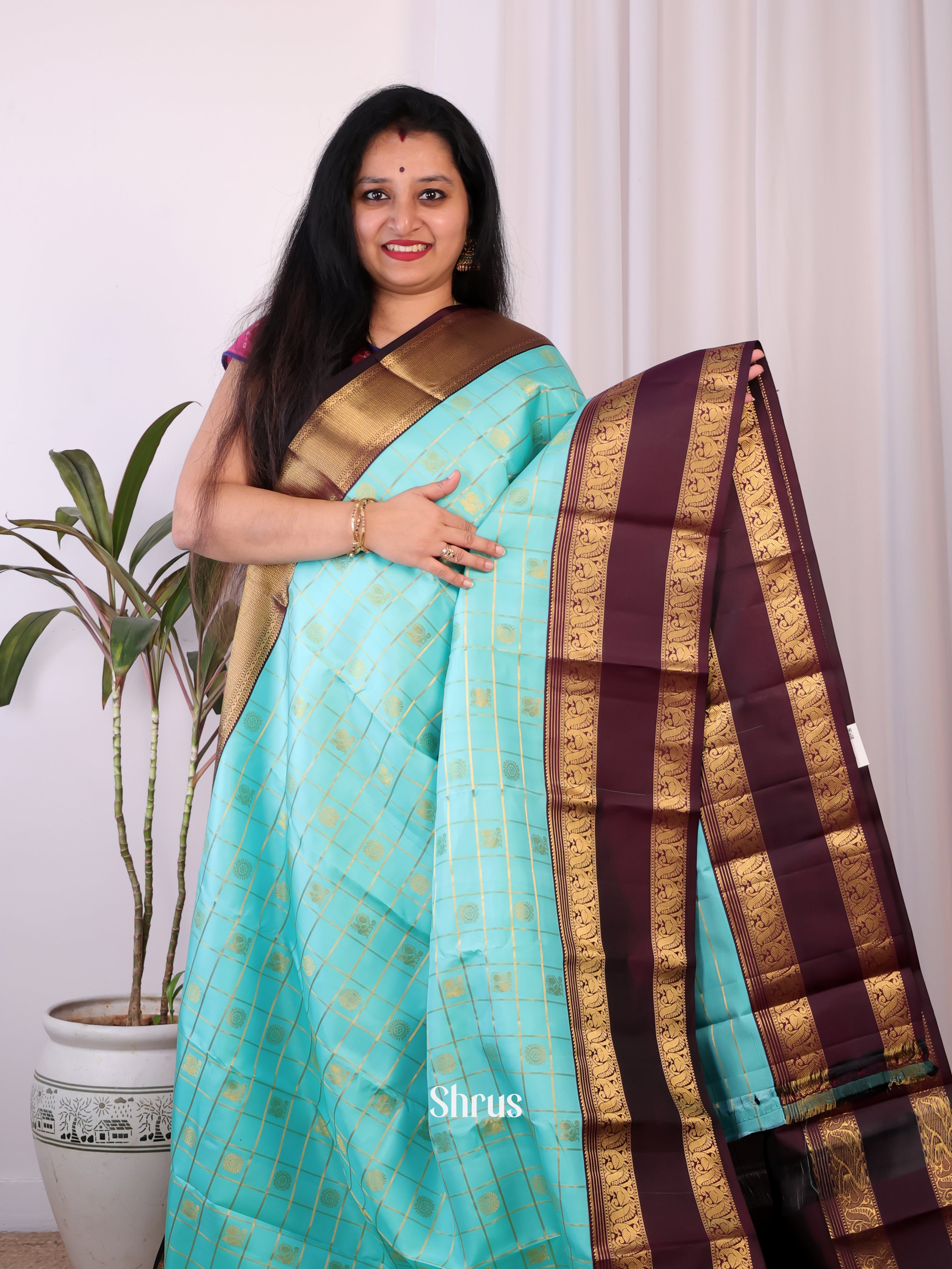 Teal & Brown - Kanchipuram silk Saree - Shop on Shrus.com