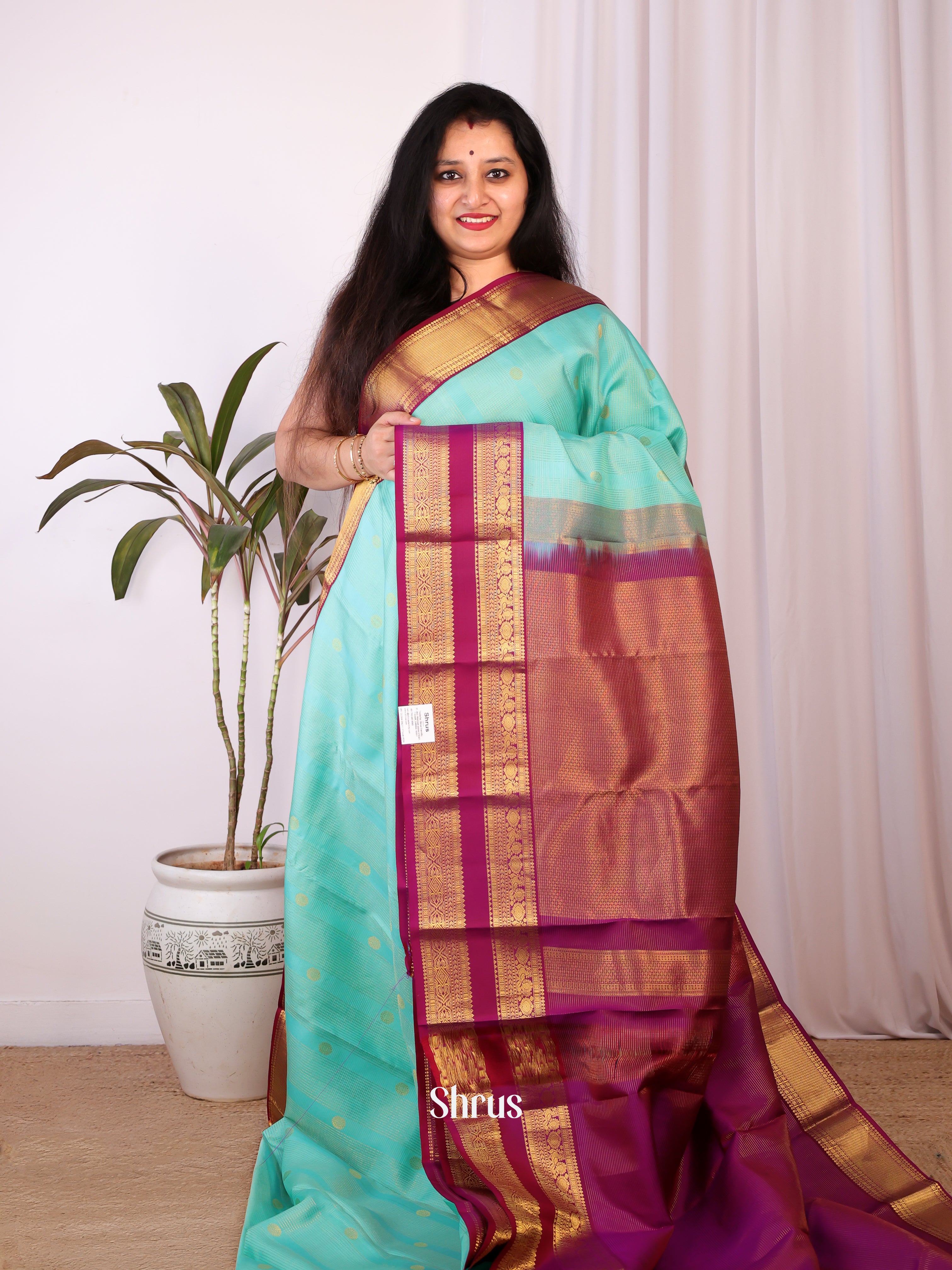 Teal & Purple- Kanchipuram silk Saree - Shop on Shrus.com