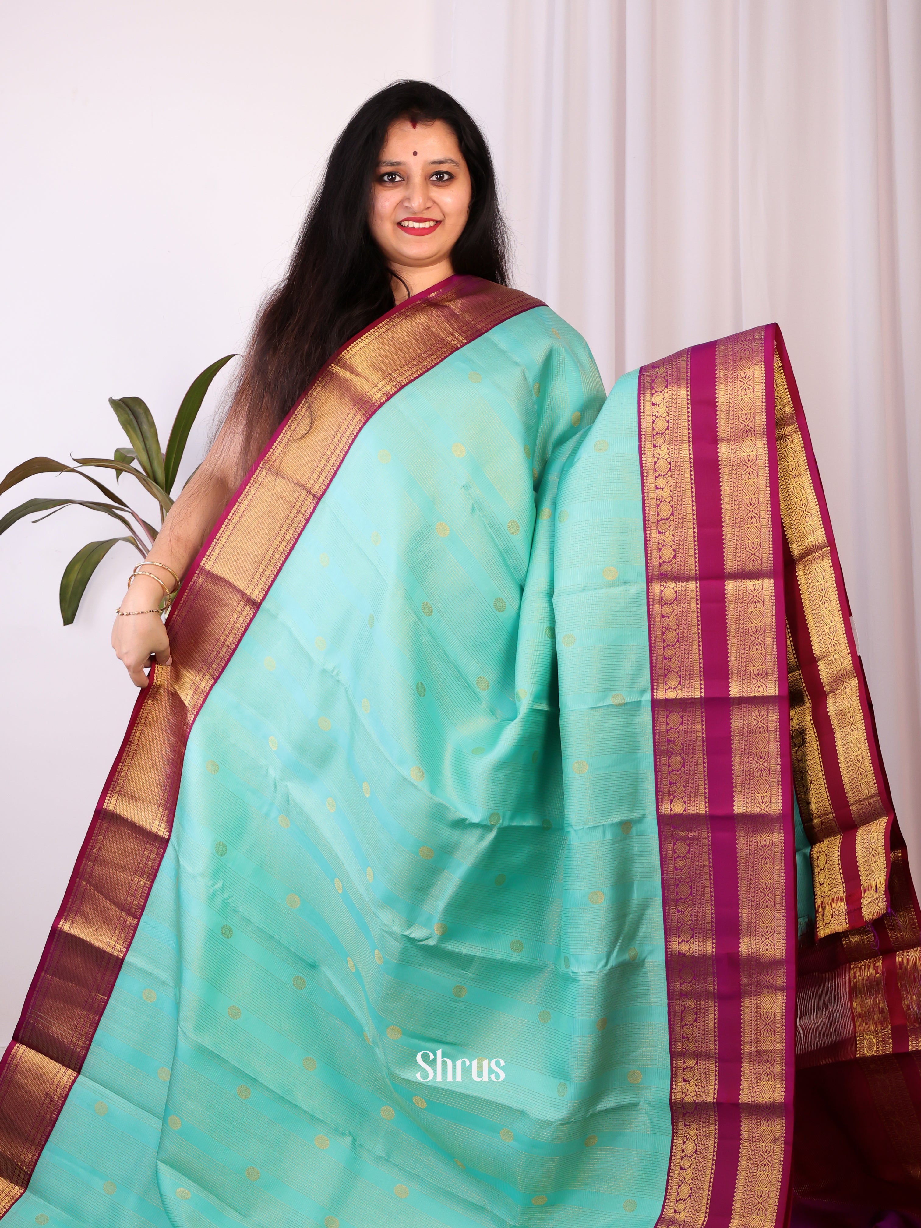 Teal & Purple- Kanchipuram silk Saree - Shop on Shrus.com