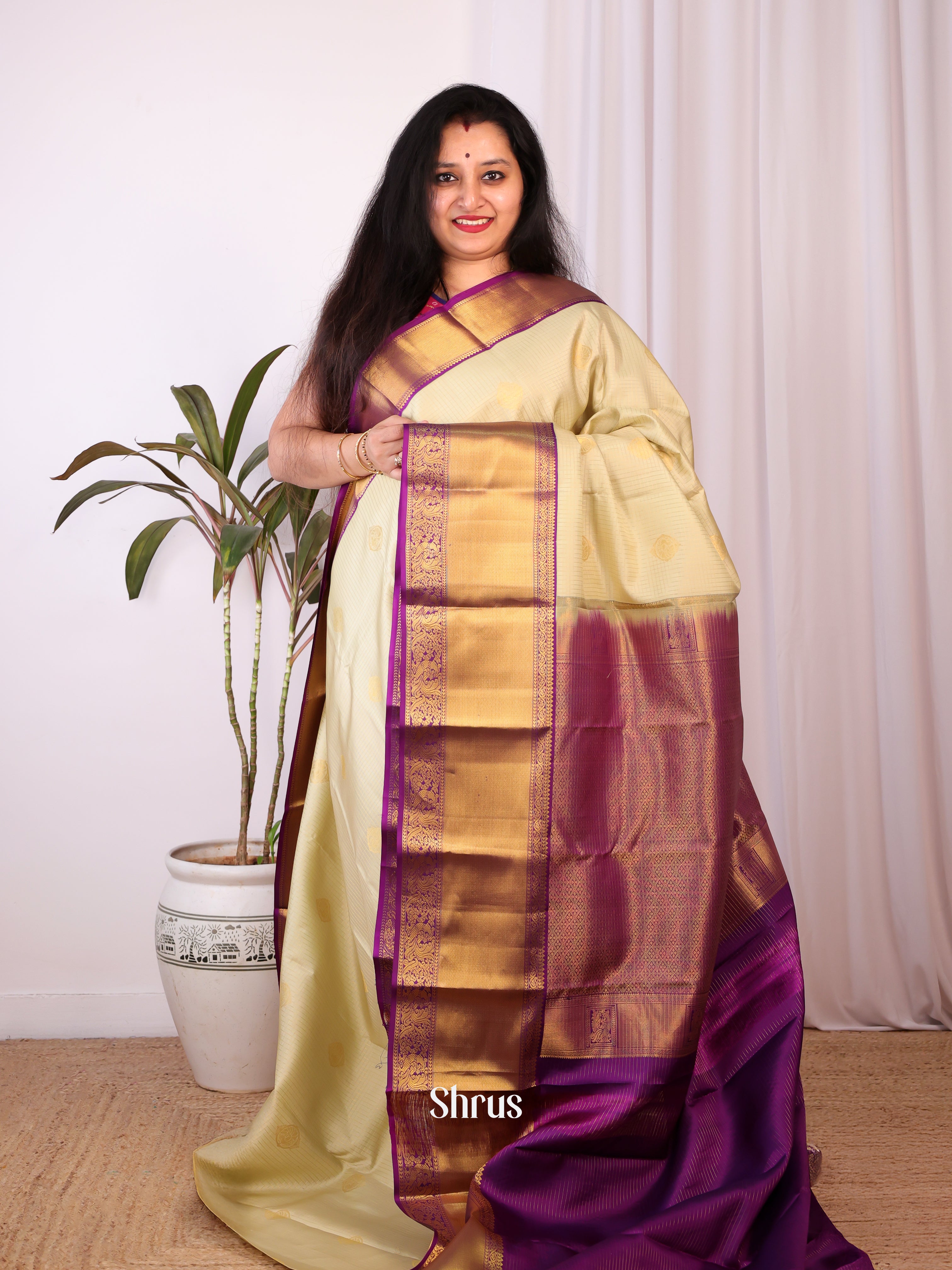 Cream & Violet - Kanchipuram silk Saree - Shop on Shrus.com
