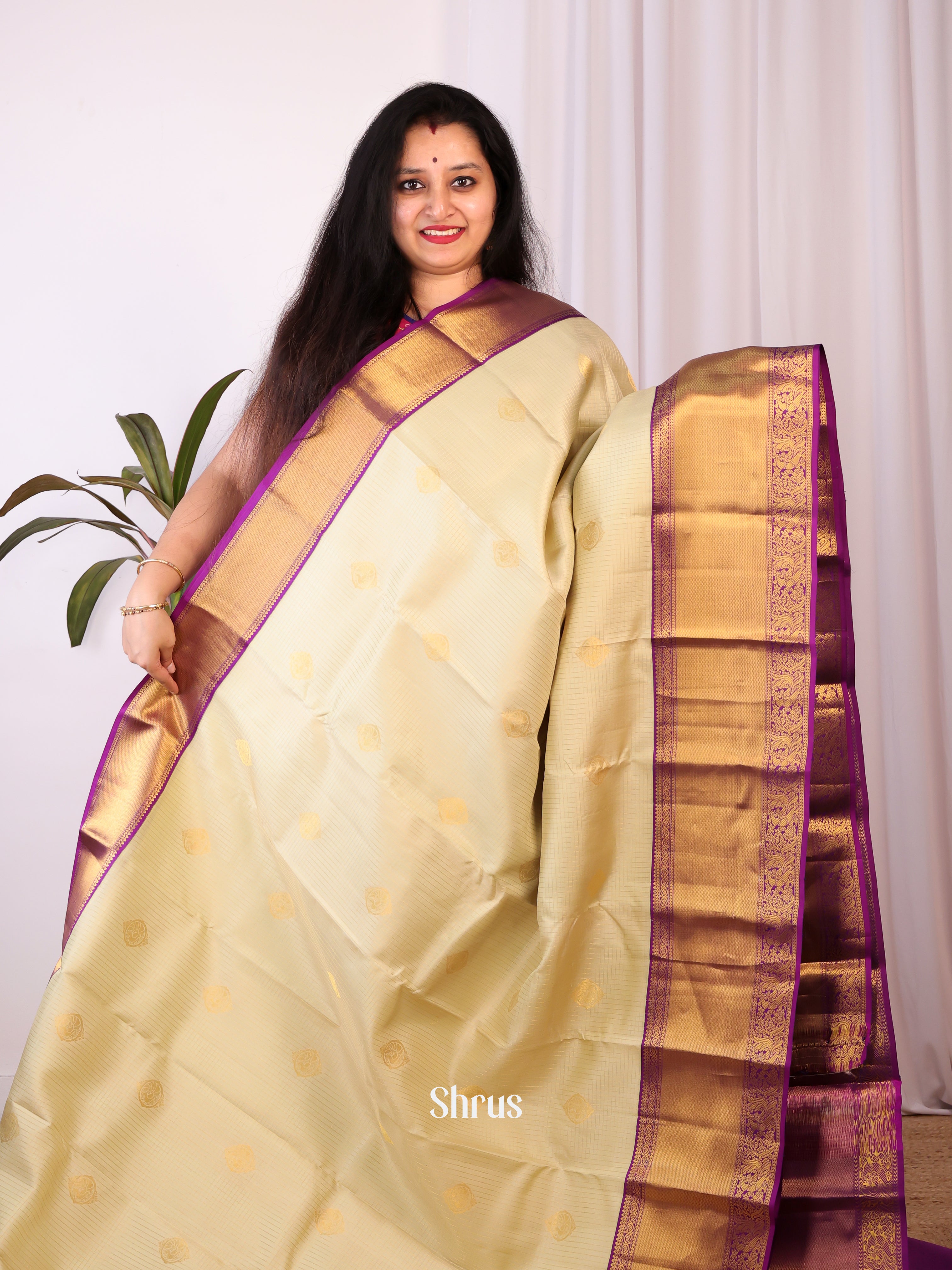 Cream & Violet - Kanchipuram silk Saree - Shop on Shrus.com