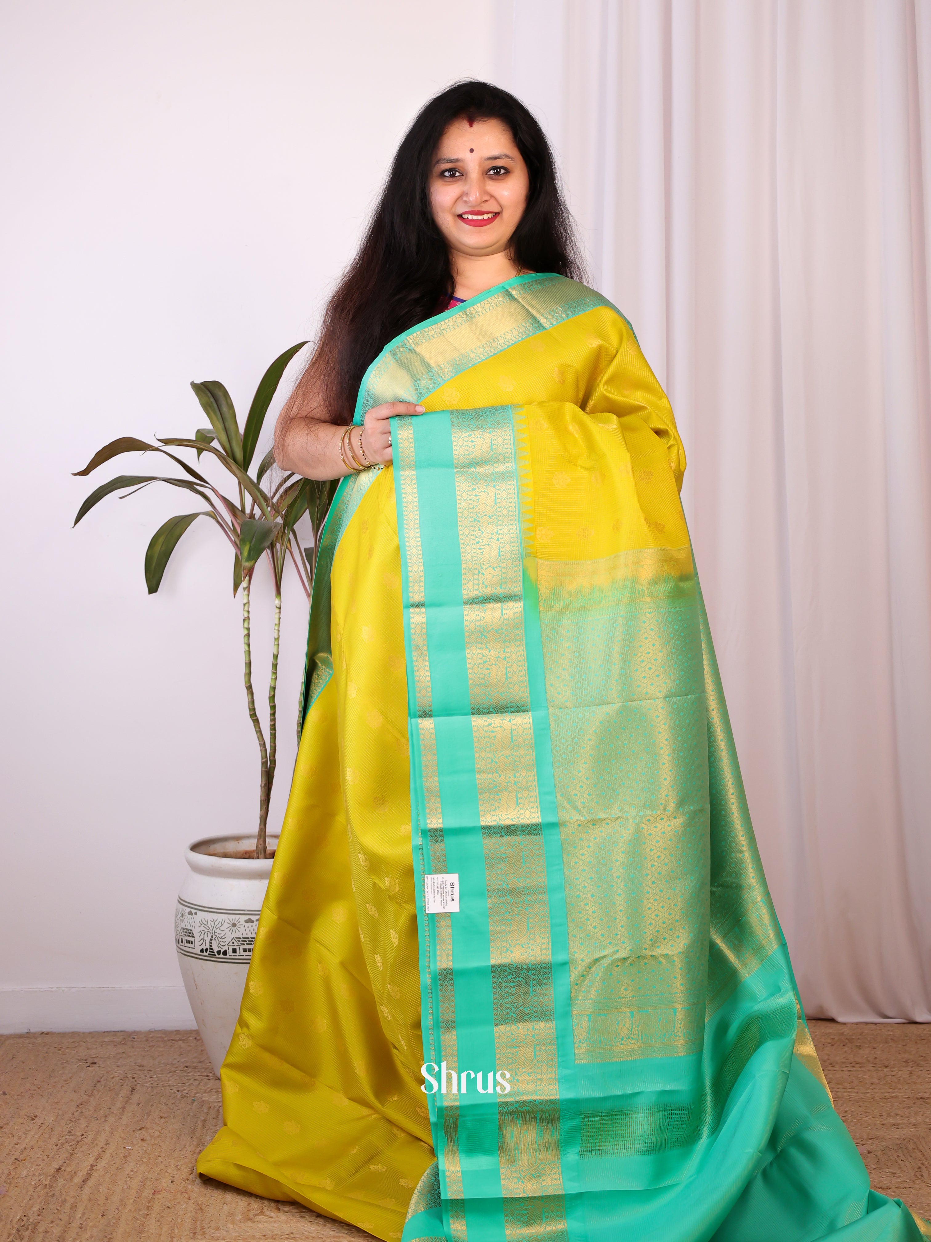 Mustardy Green & Teal- Kanchipuram silk Saree - Shop on Shrus.com