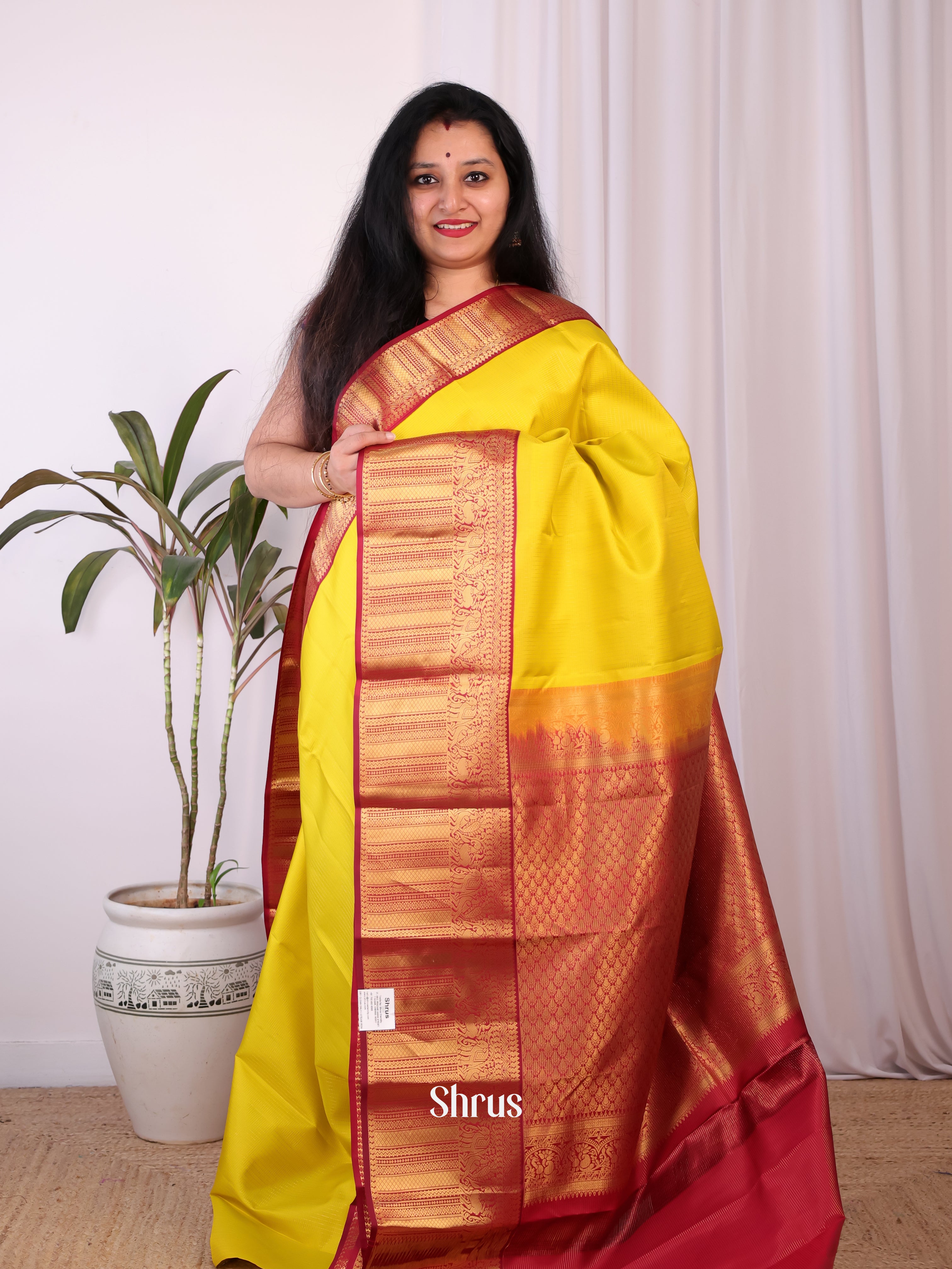 Mustard & Maroon - Kanchipuram silk Saree - Shop on Shrus.com