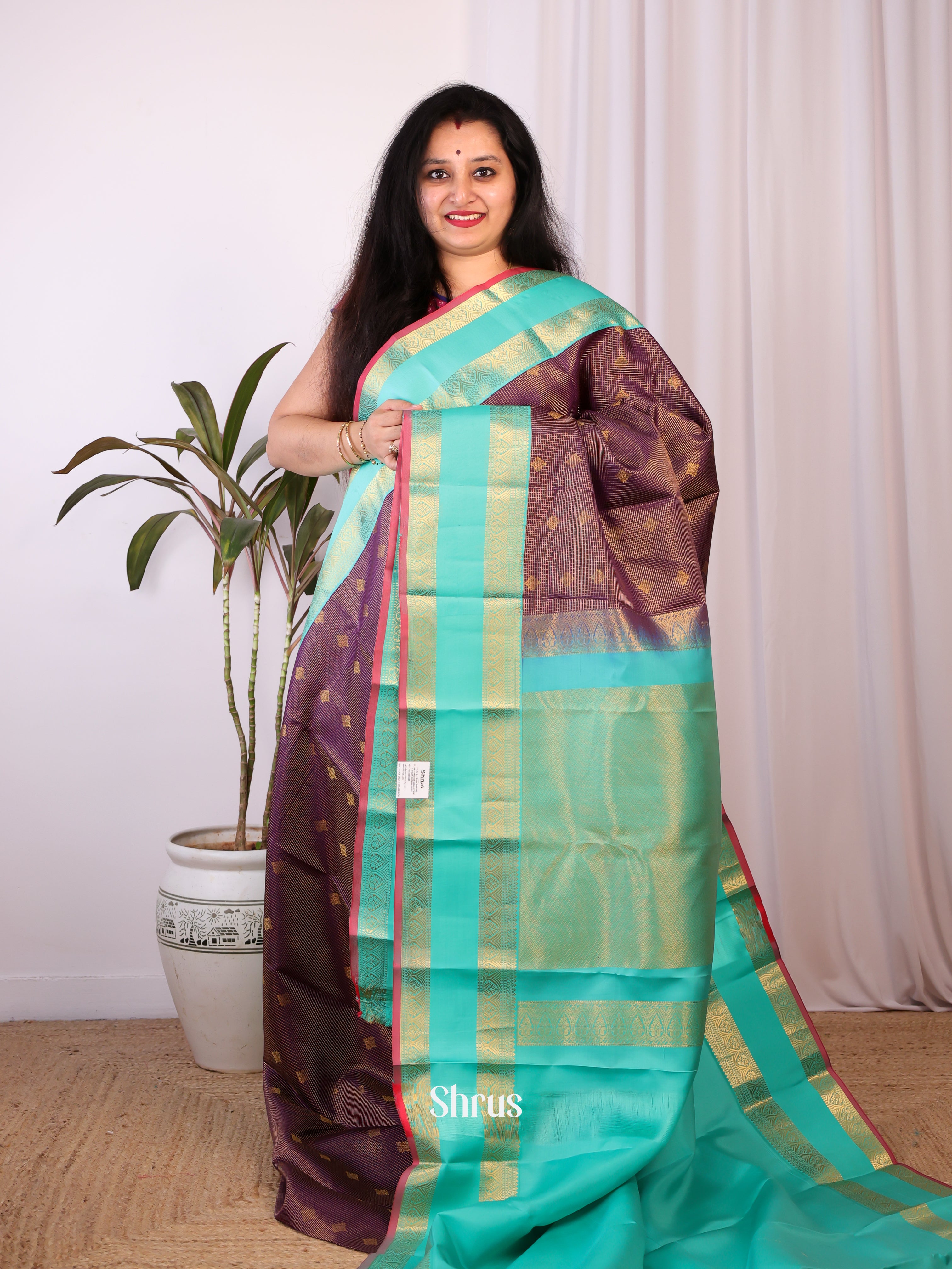 Violet & Teal - Kanchipuram silk Saree - Shop on Shrus.com