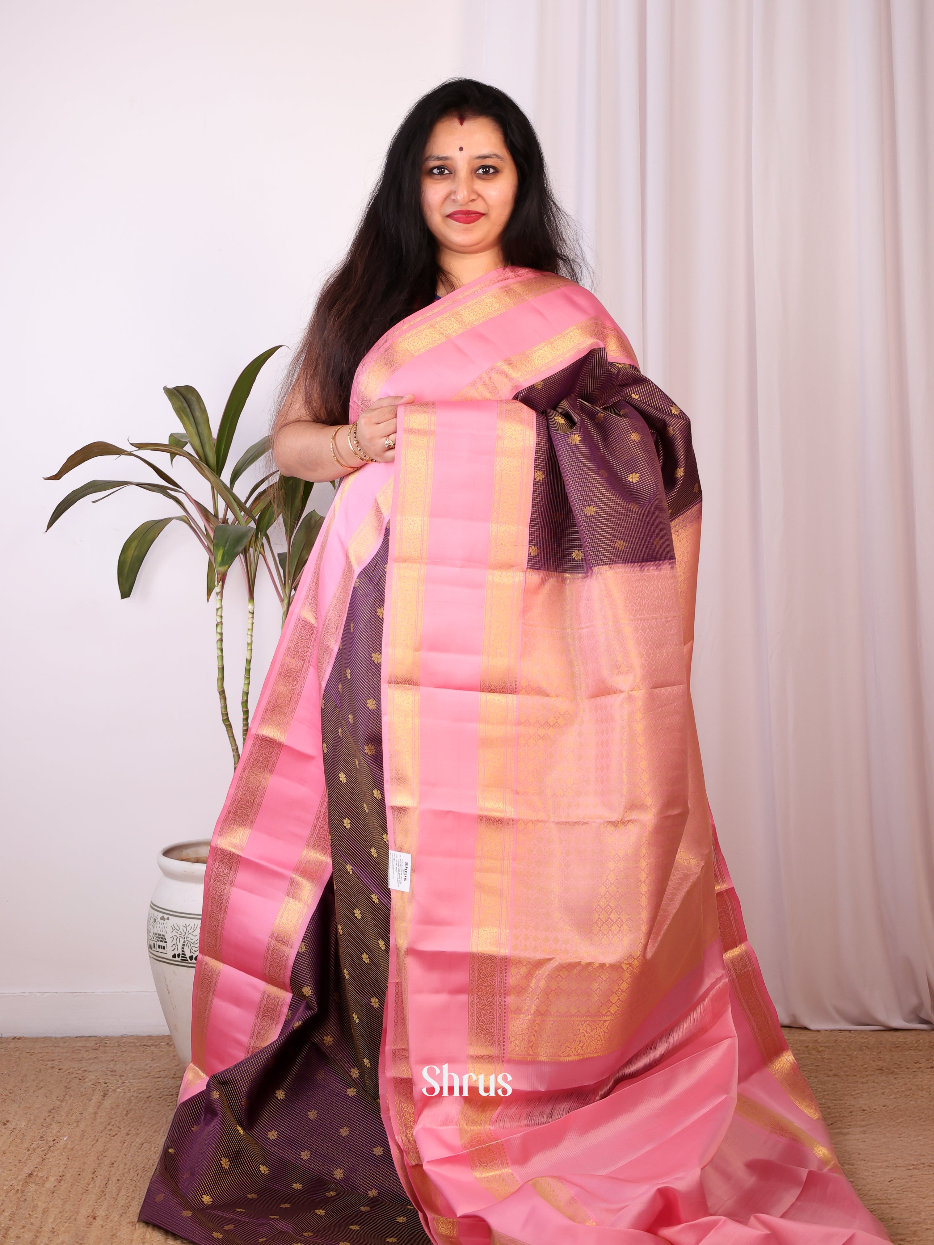 Dark Purple & Pink- Kanchipuram silk Saree - Shop on Shrus.com