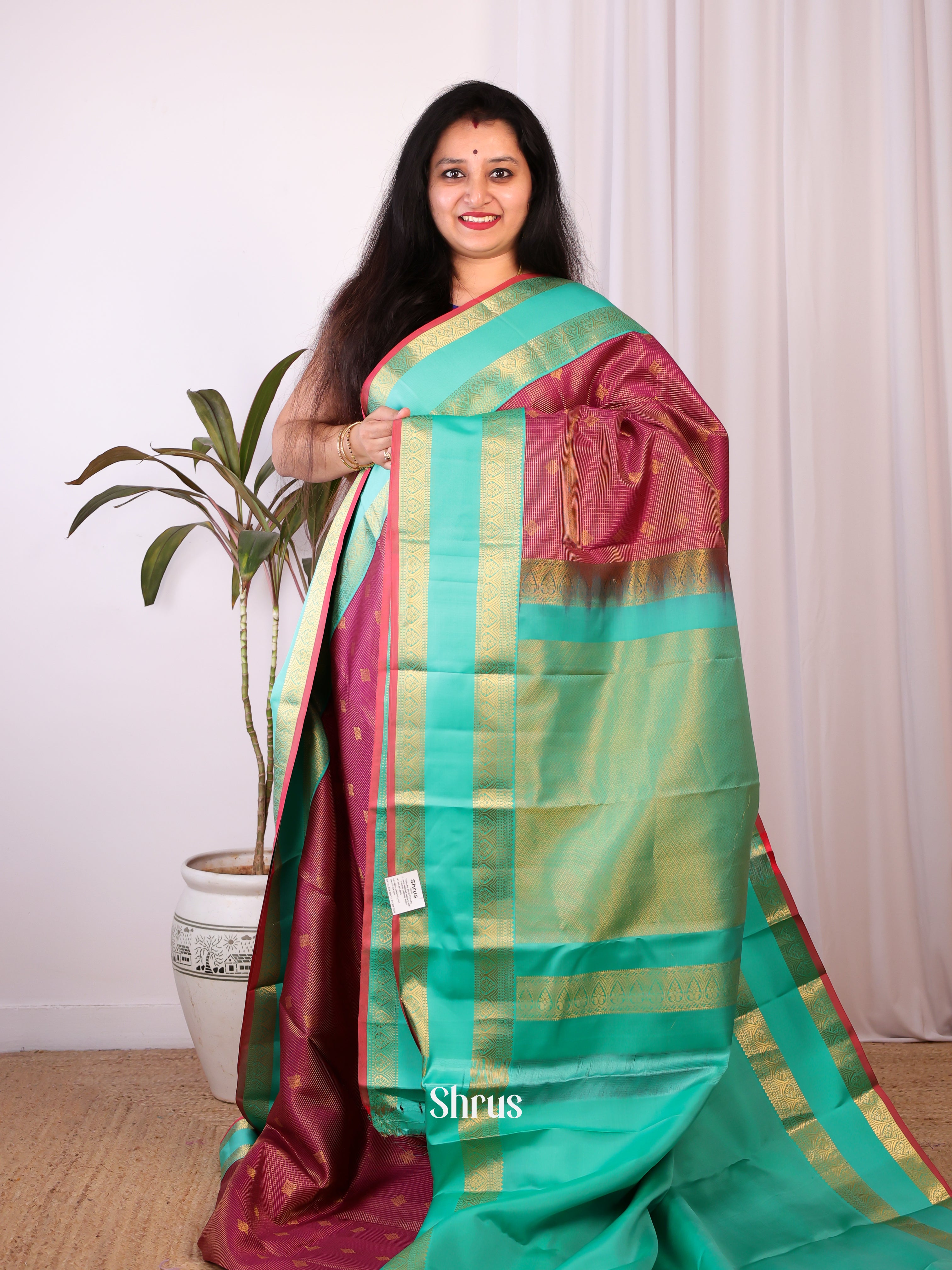 Maroon & Teal - Kanchipuram silk Saree - Shop on Shrus.com