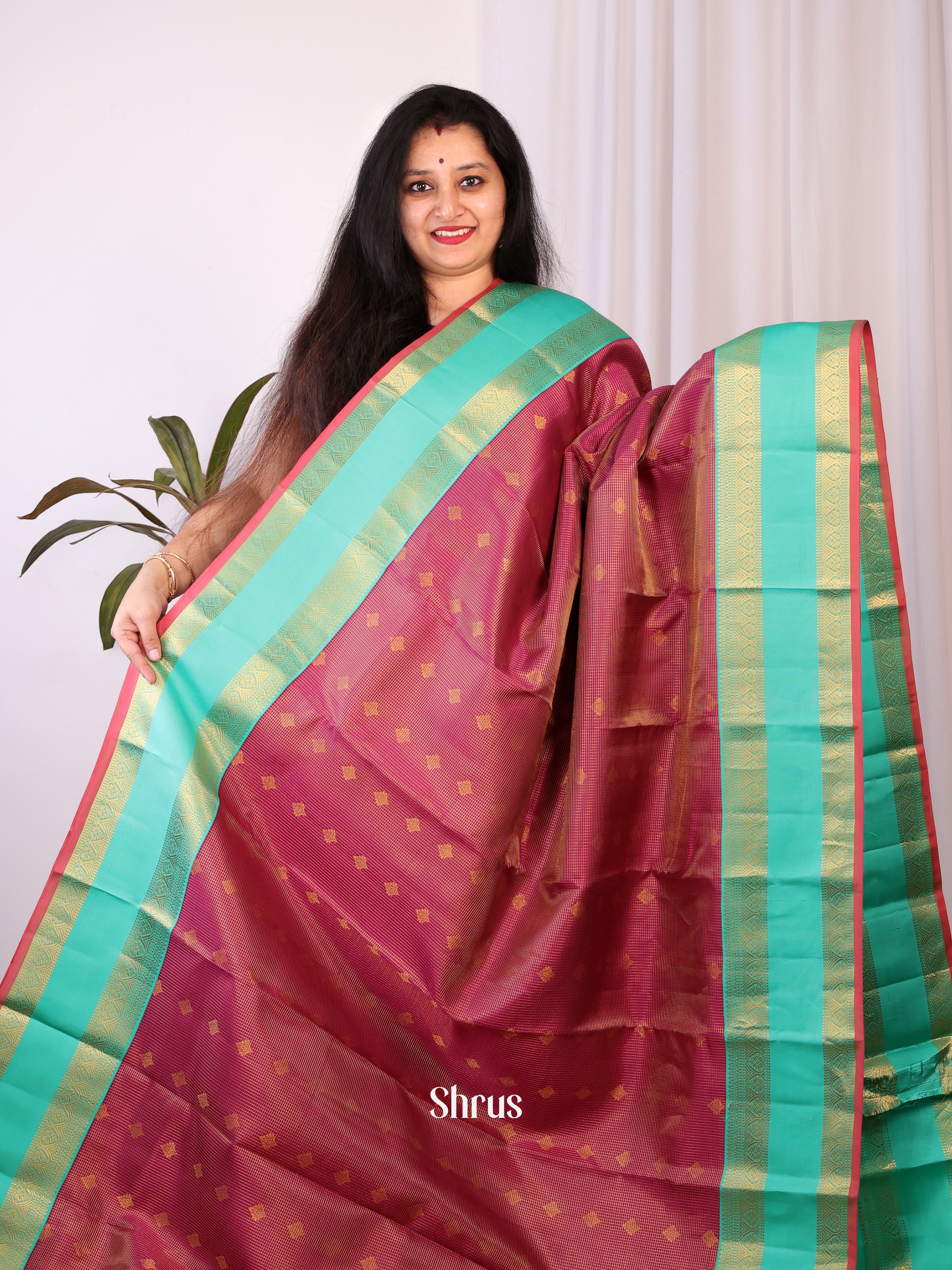 Maroon & Teal - Kanchipuram silk Saree - Shop on Shrus.com