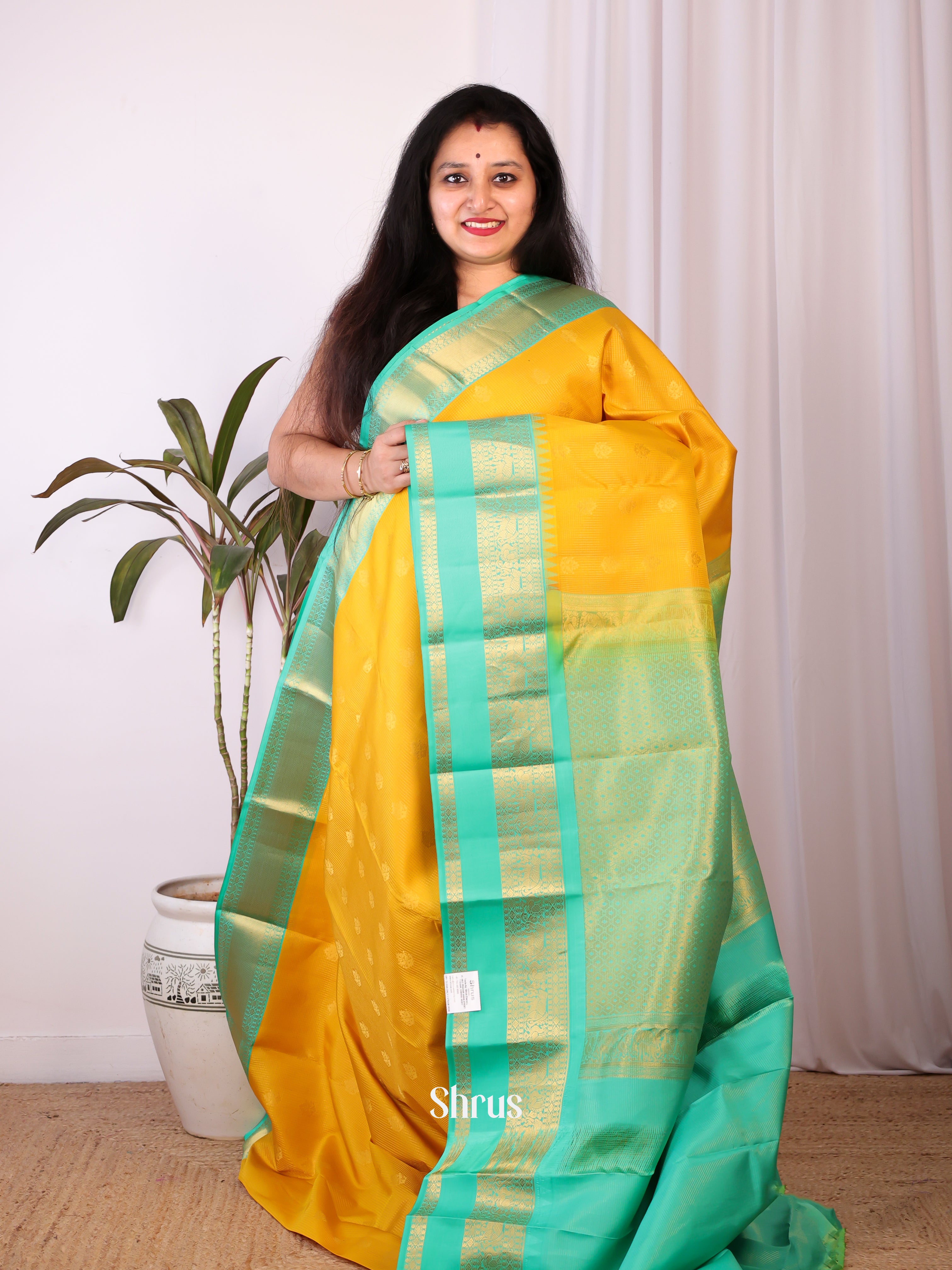 Yellow & Teal - Kanchipuram silk Saree - Shop on Shrus.com