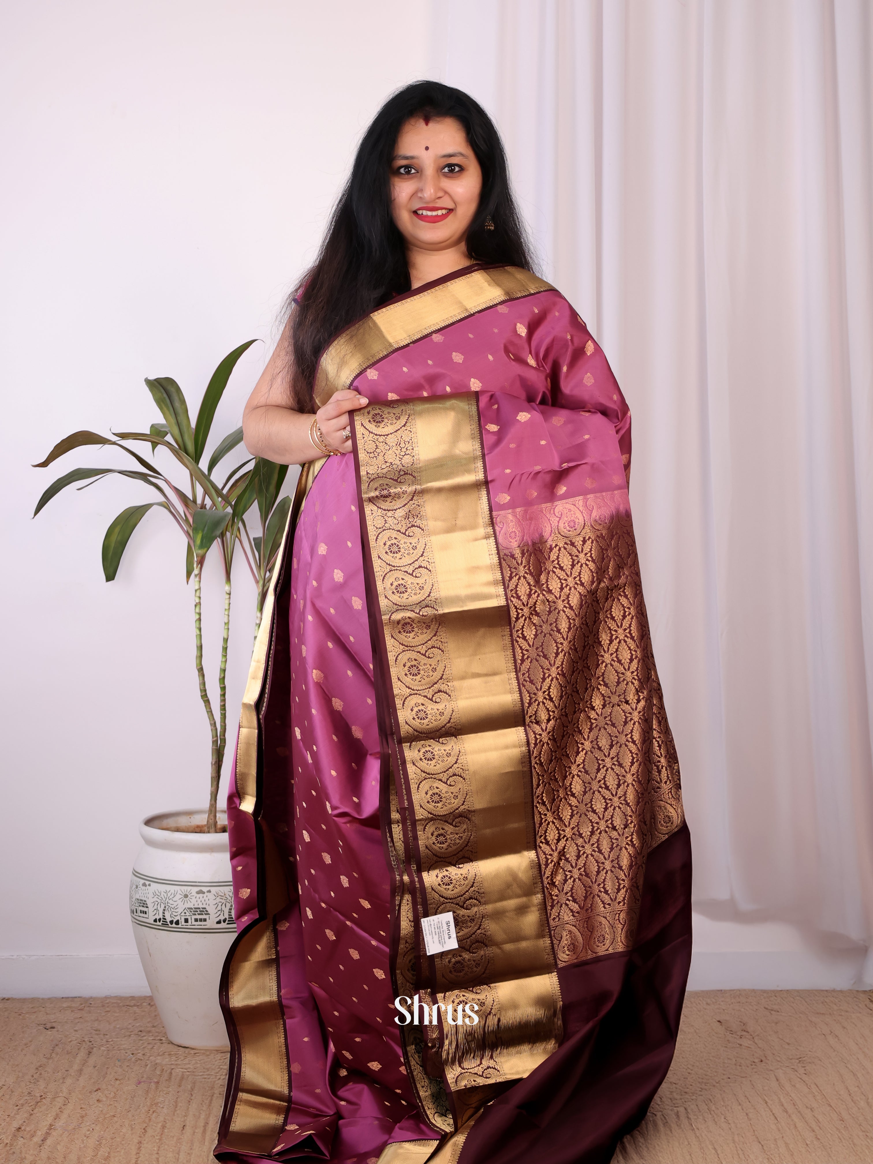 Purple & Brown- Kanchipuram silk Saree - Shop on Shrus.com
