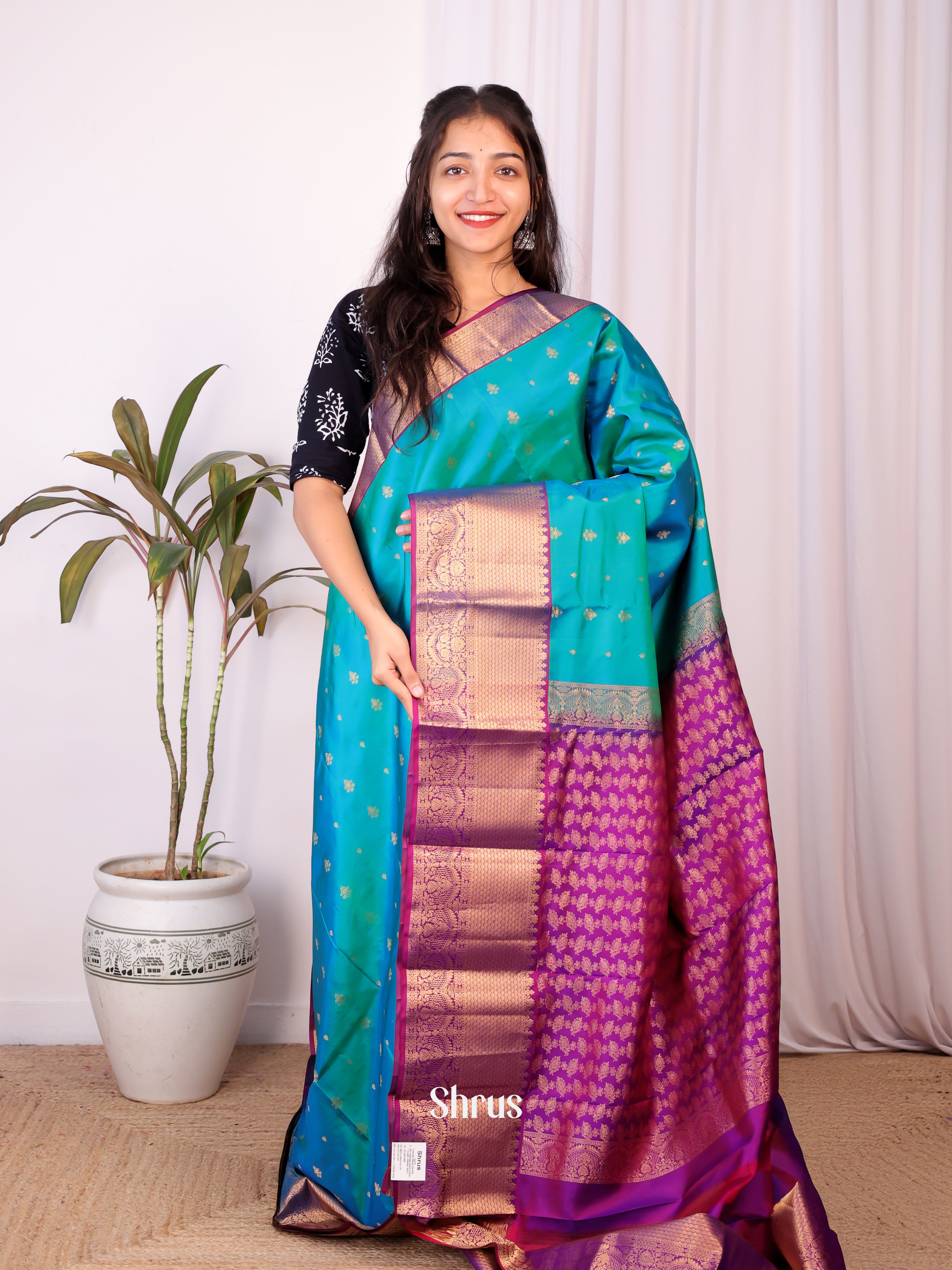 Blue & Purple - Kanchipuram silk Saree - Shop on Shrus.com