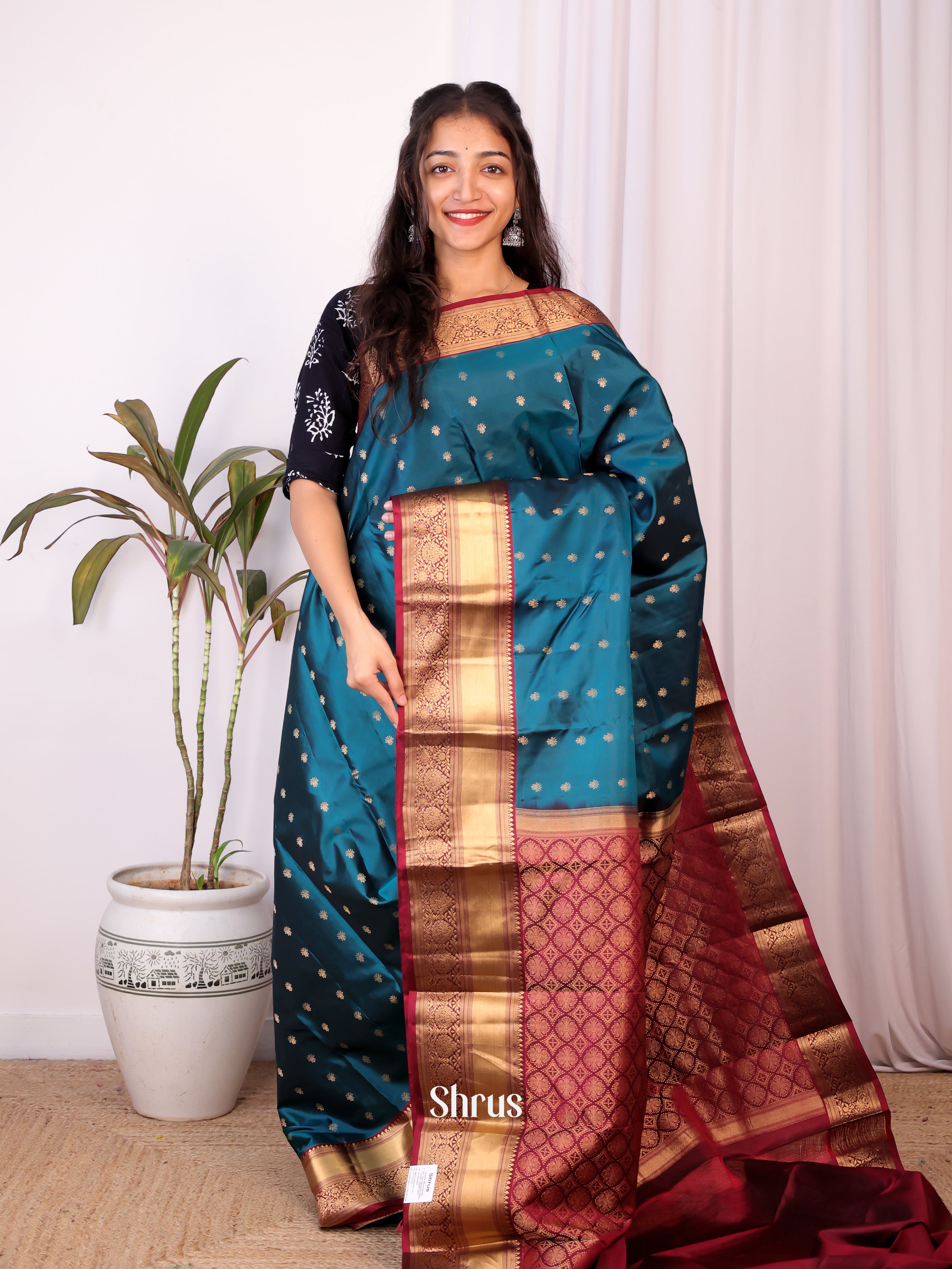 Blue & Maroon - Kanchipuram silk Saree - Shop on Shrus.com