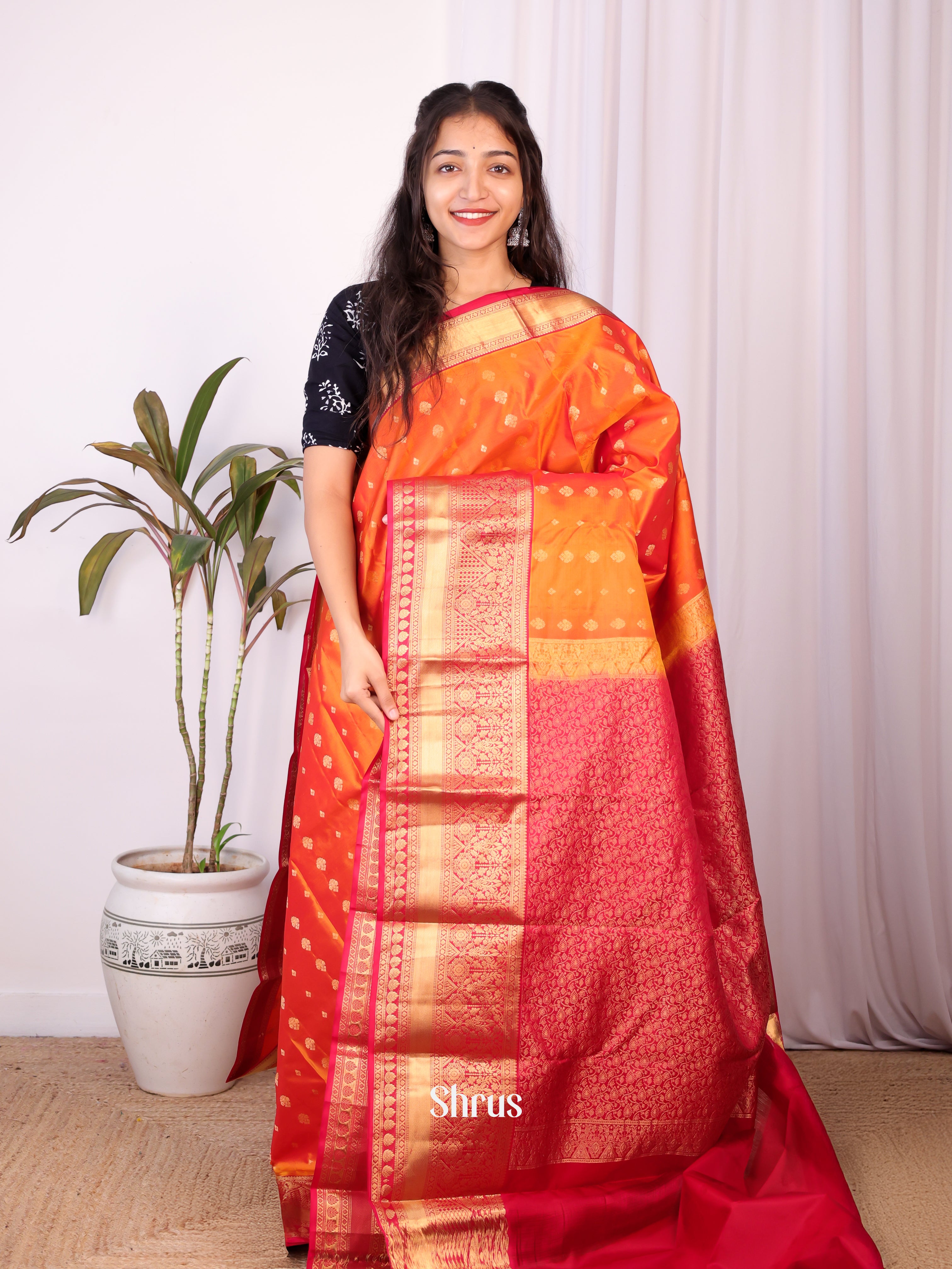 Orange & Red - Kanchipuram silk Saree - Shop on Shrus.com