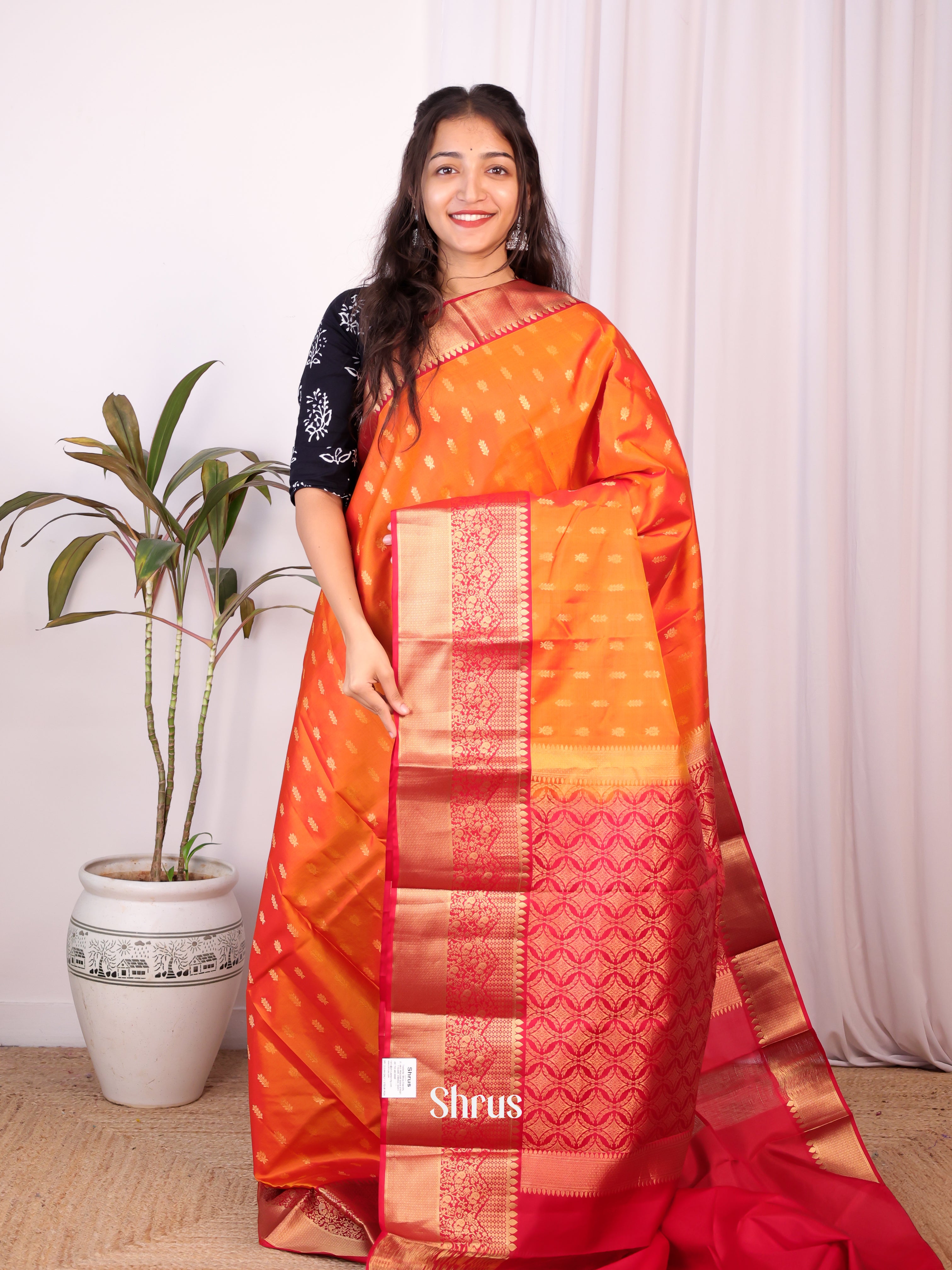 Orange & Red - Kanchipuram silk Saree - Shop on Shrus.com