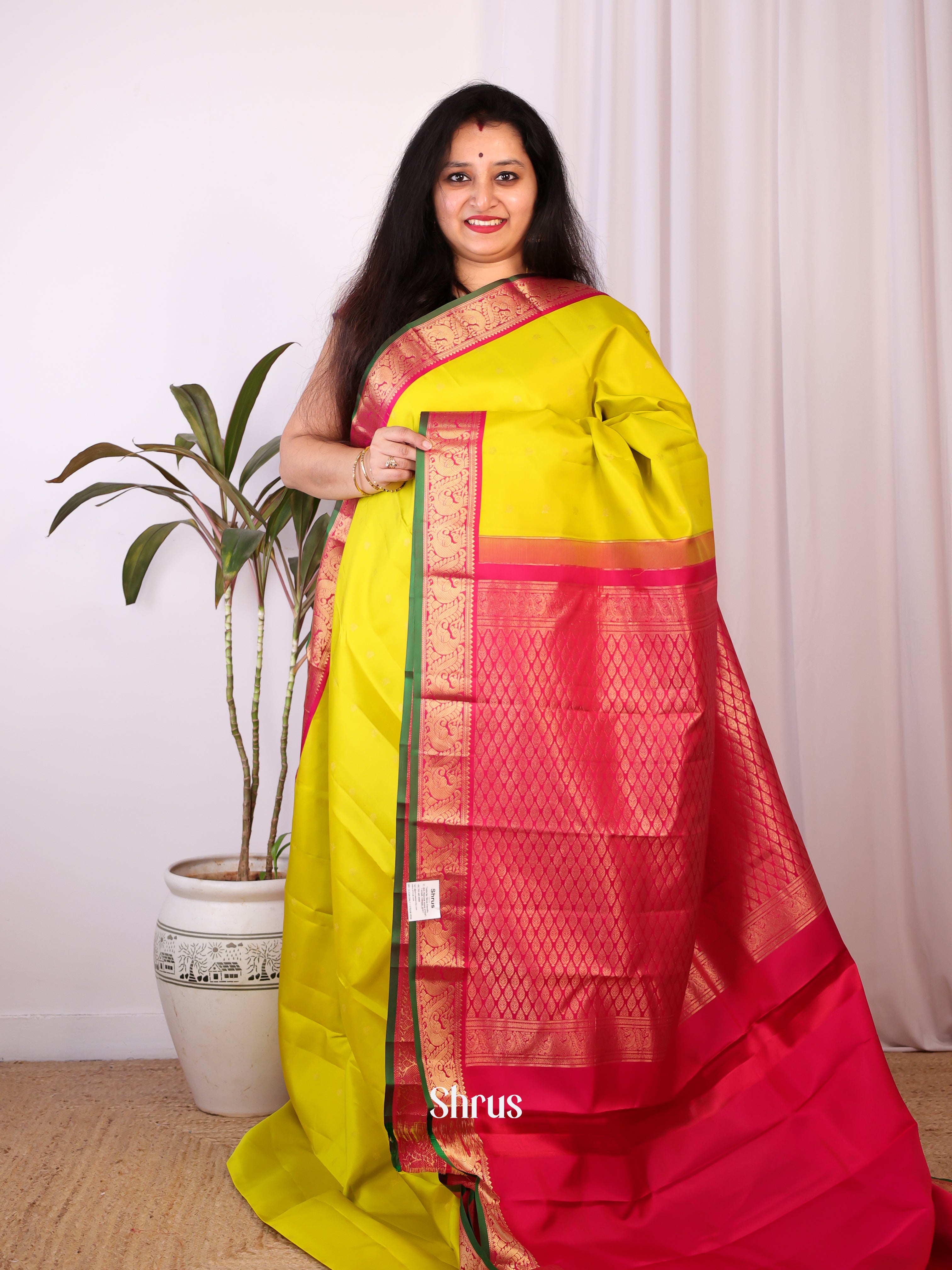 Lime Green & Maroon- Kanchipuram silk Saree - Shop on Shrus.com