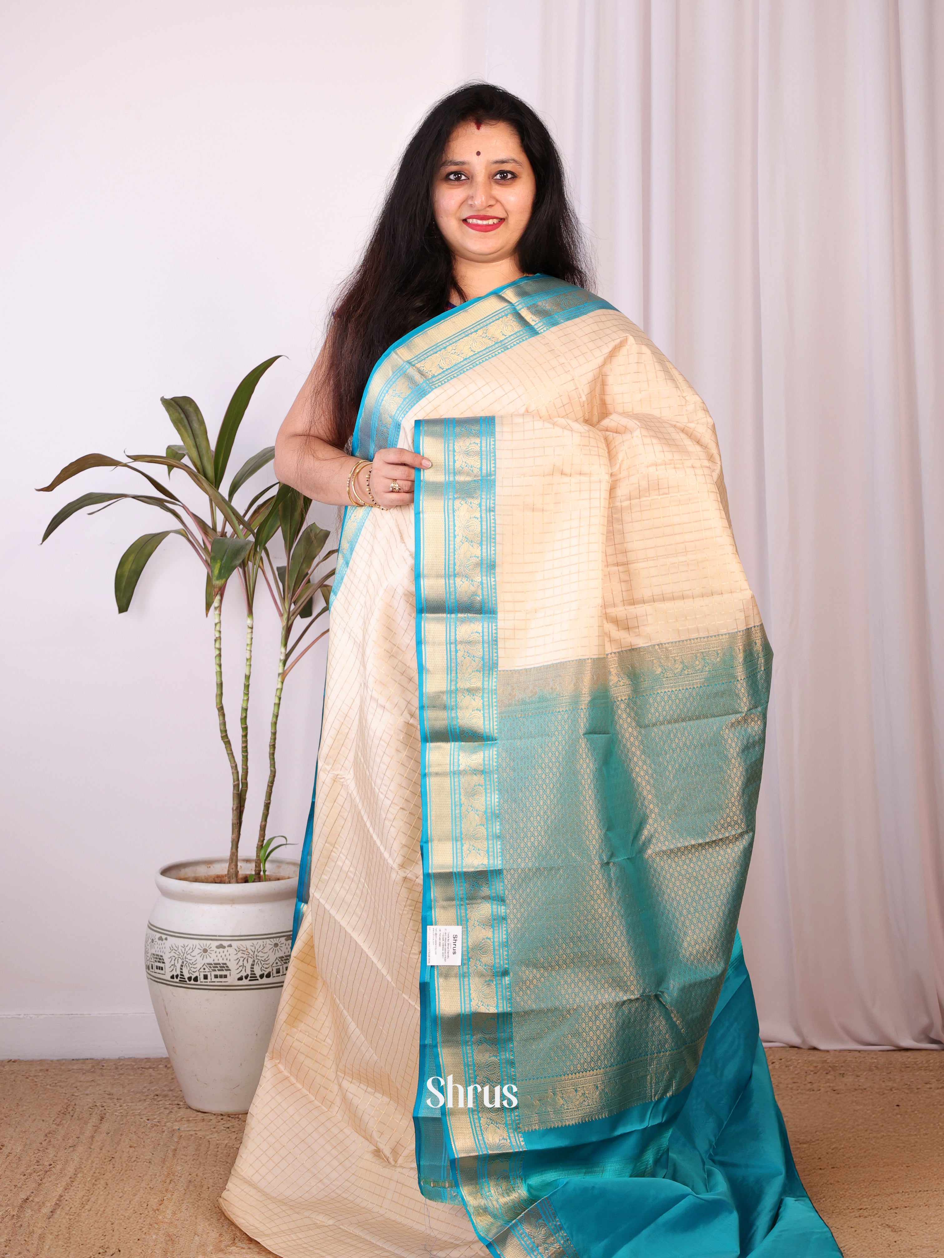 Cream and Blue Bridal Kanchipuram silk Saree With Zari Woven Checks-1