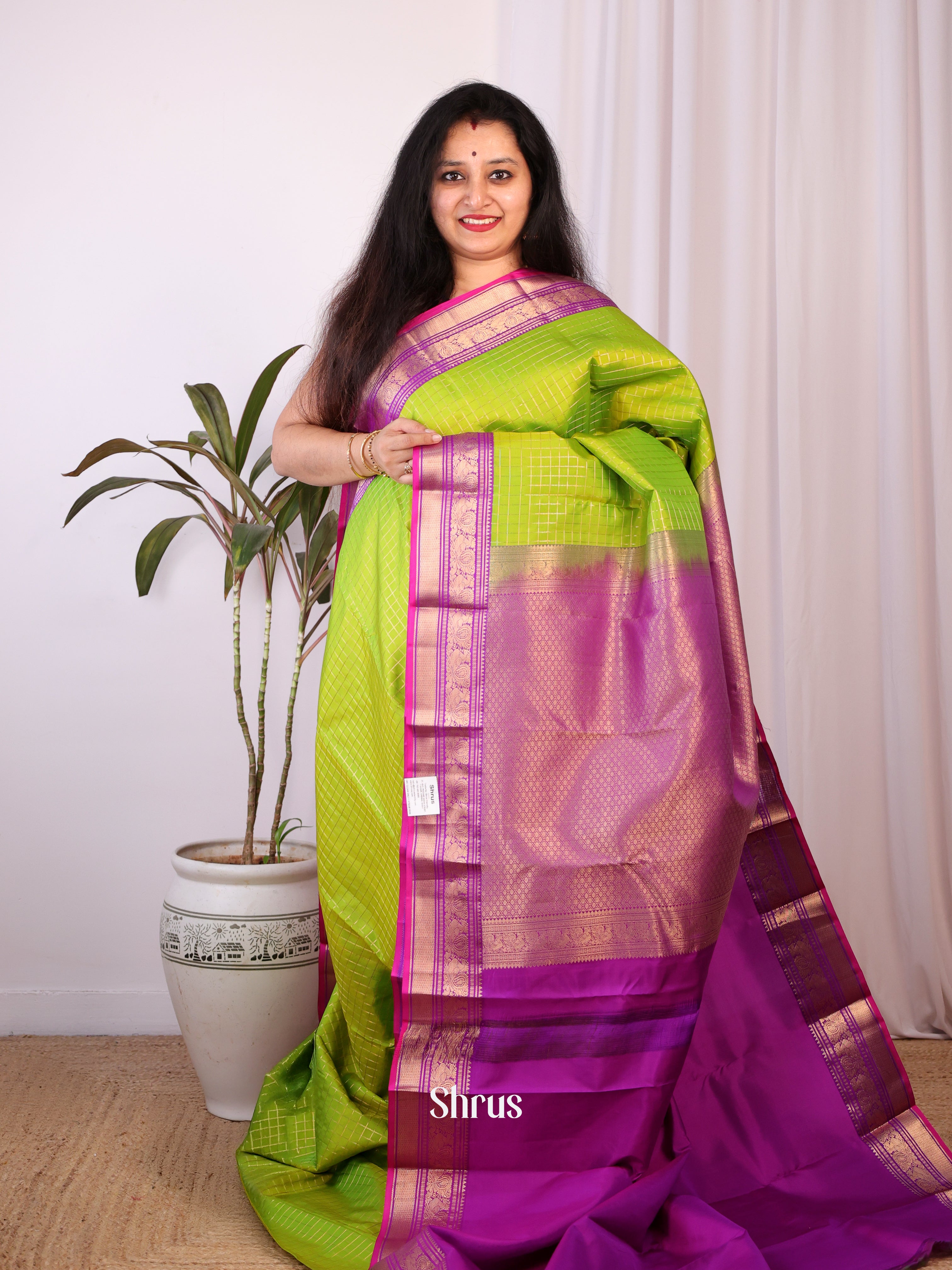 Parrot Green & Purple - Kanchipuram silk Saree - Shop on Shrus.com