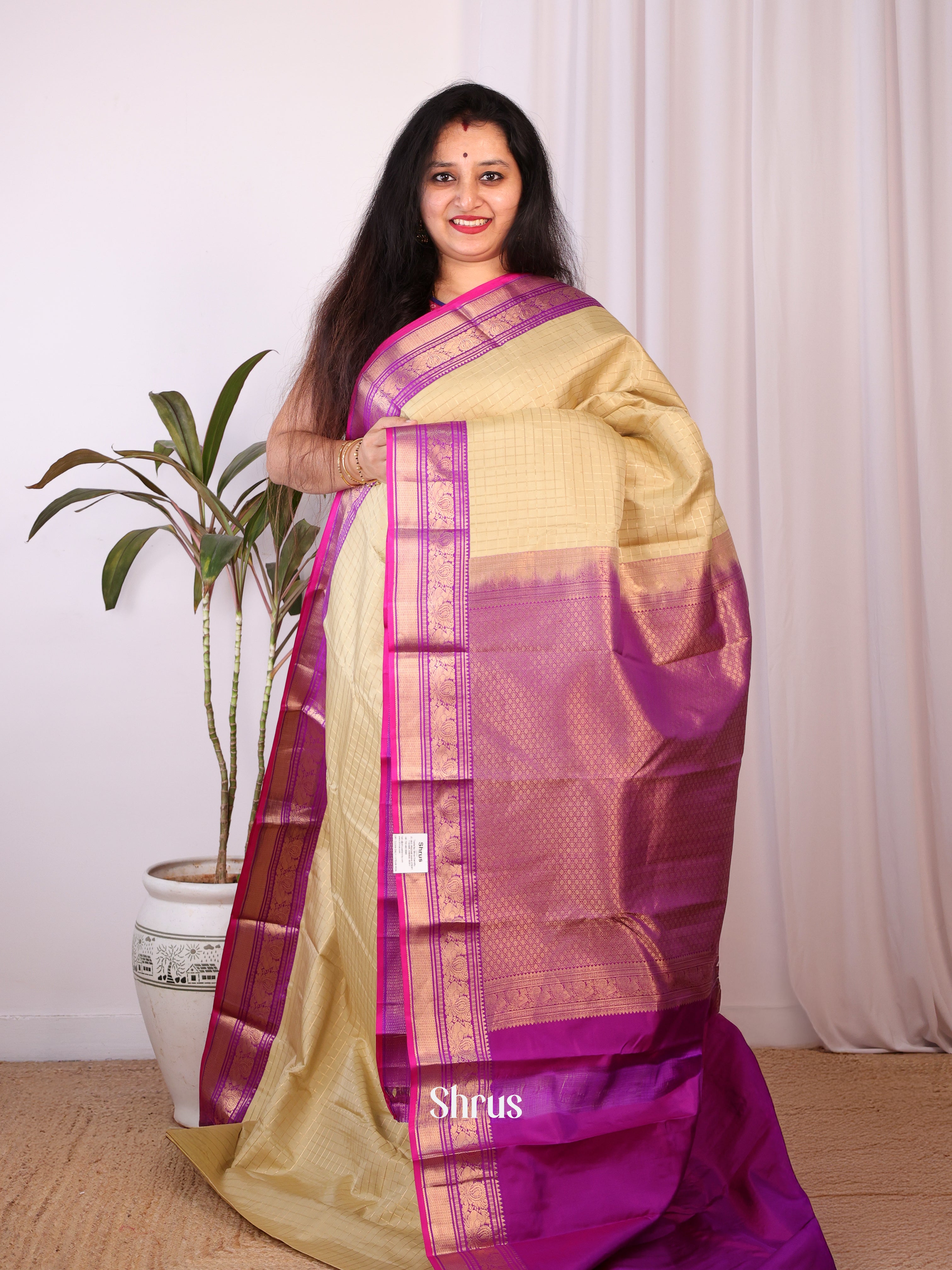 Beige & Purple - Kanchipuram silk Saree - Shop on Shrus.com