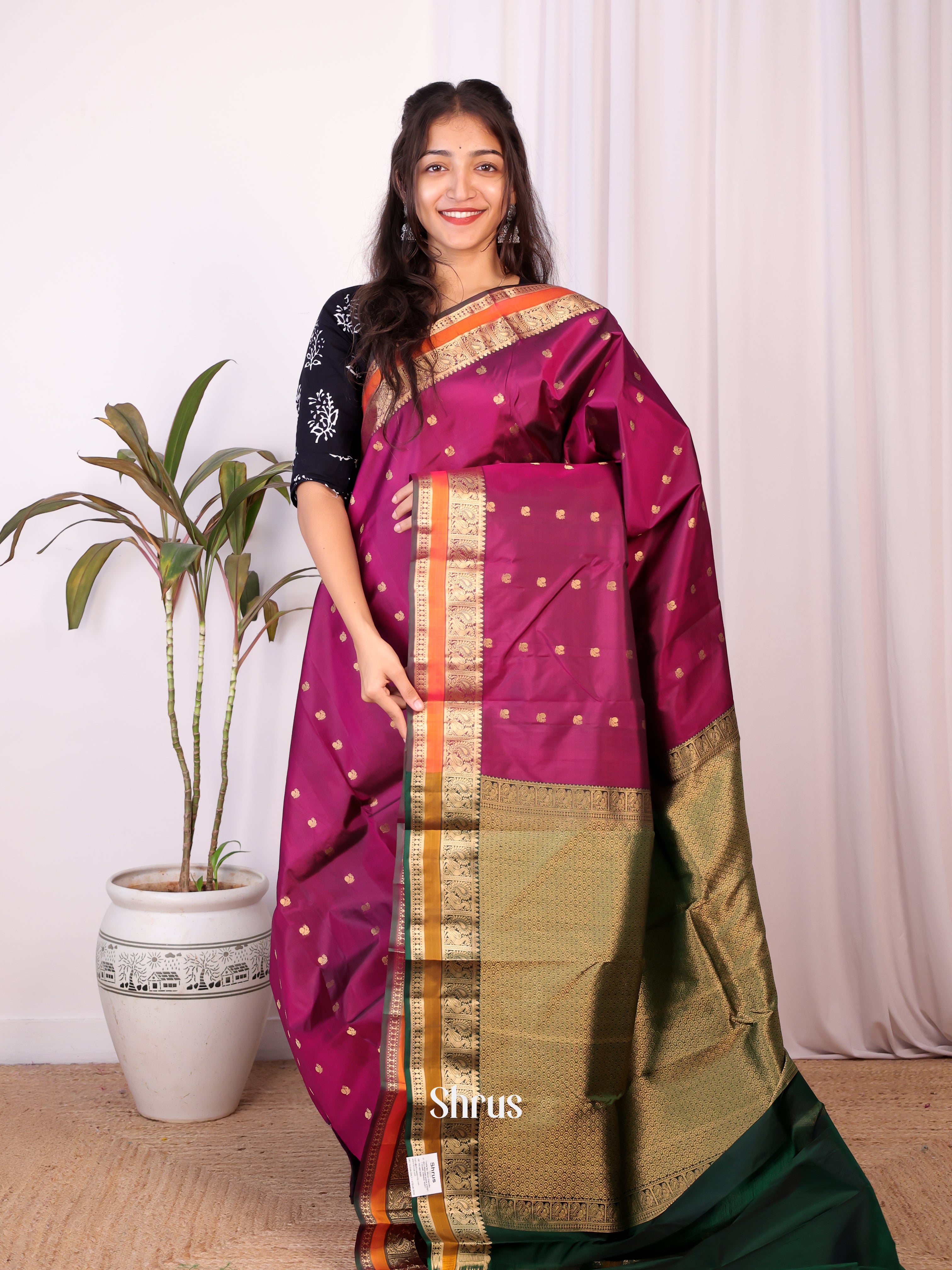 Purple & Green - Kanchipuram silk Saree - Shop on Shrus.com
