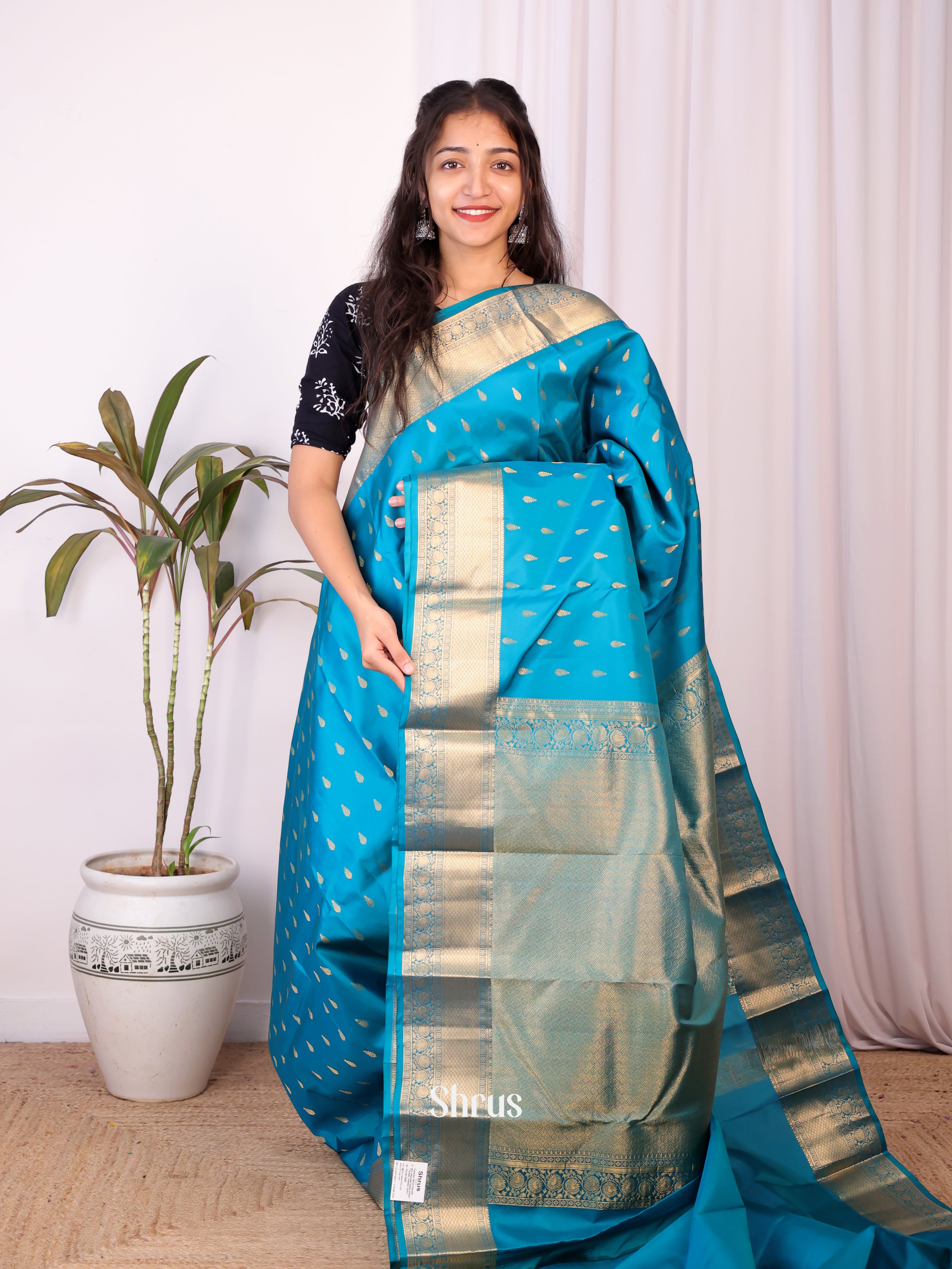 Blue(Single Tone) - Kanchipuram silk Saree - Shop on Shrus.com