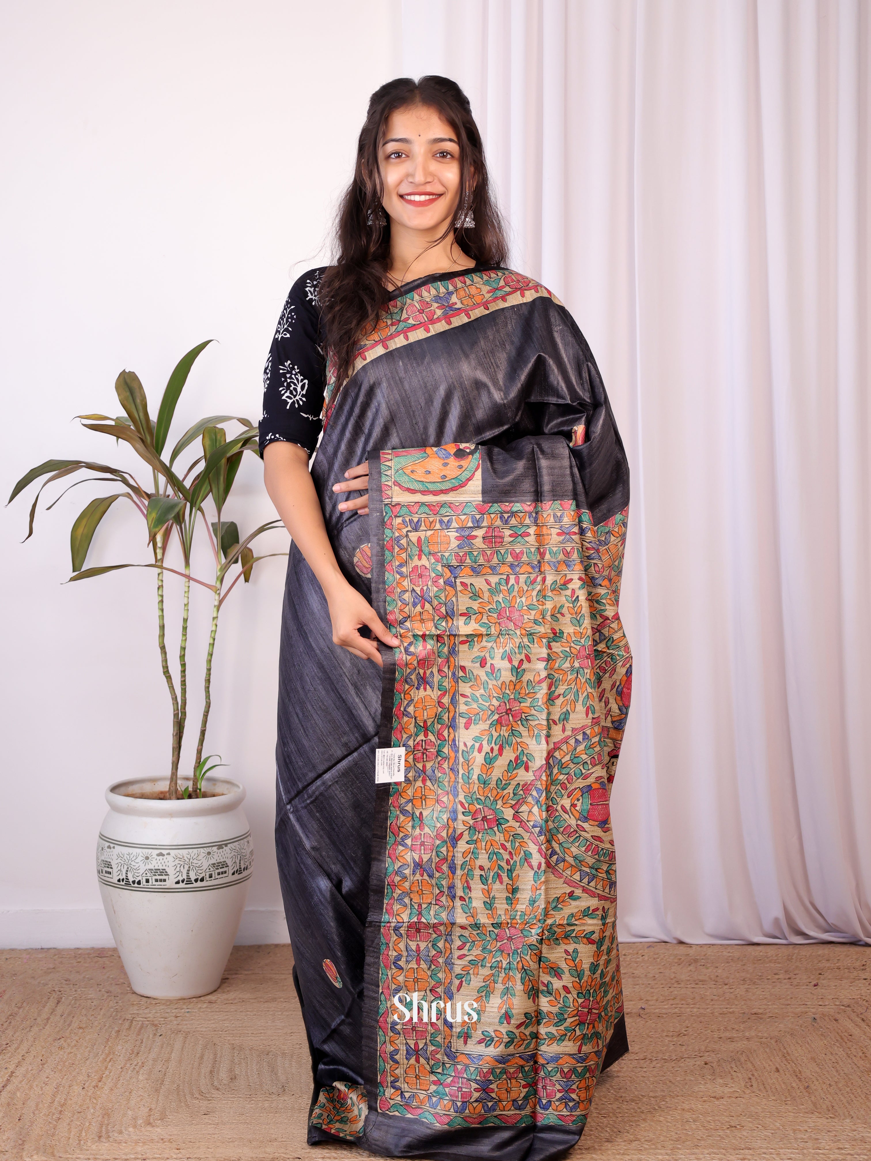 Black & Beige - Tussar Saree - Shop on Shrus.com