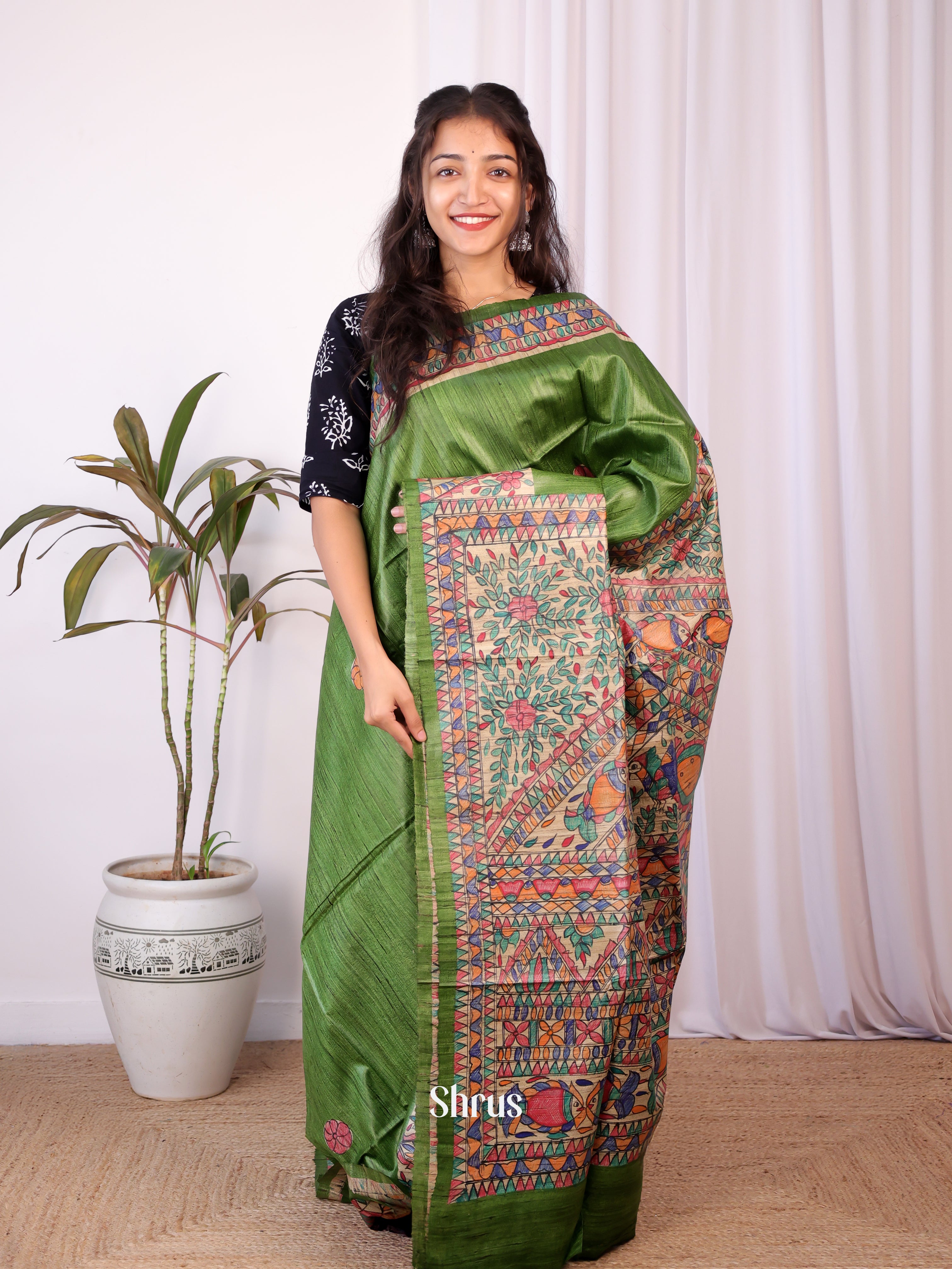 Green & Beige - Tussar Saree - Shop on Shrus.com