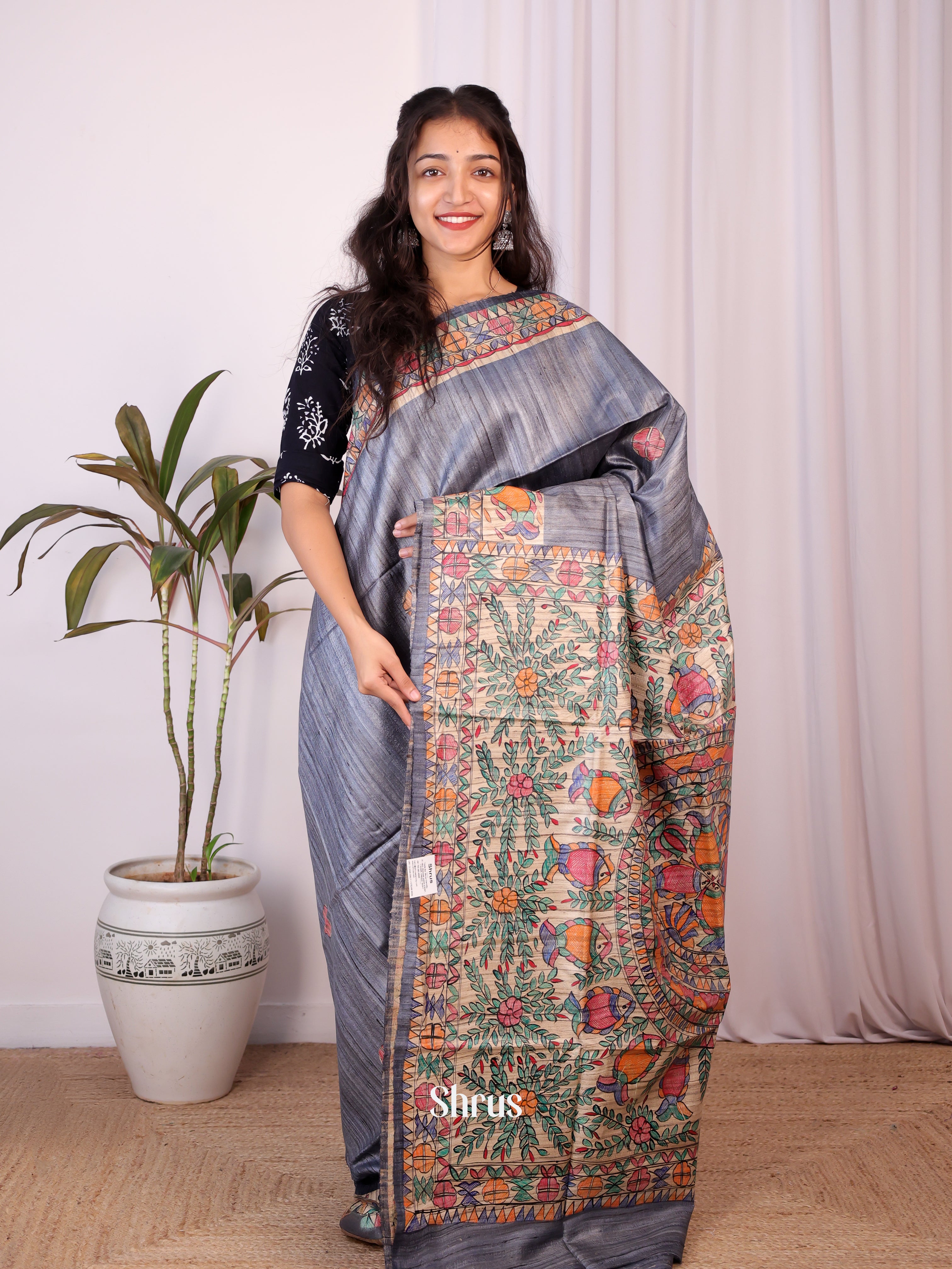 Grey & Beige - Tussar Saree - Shop on Shrus.com