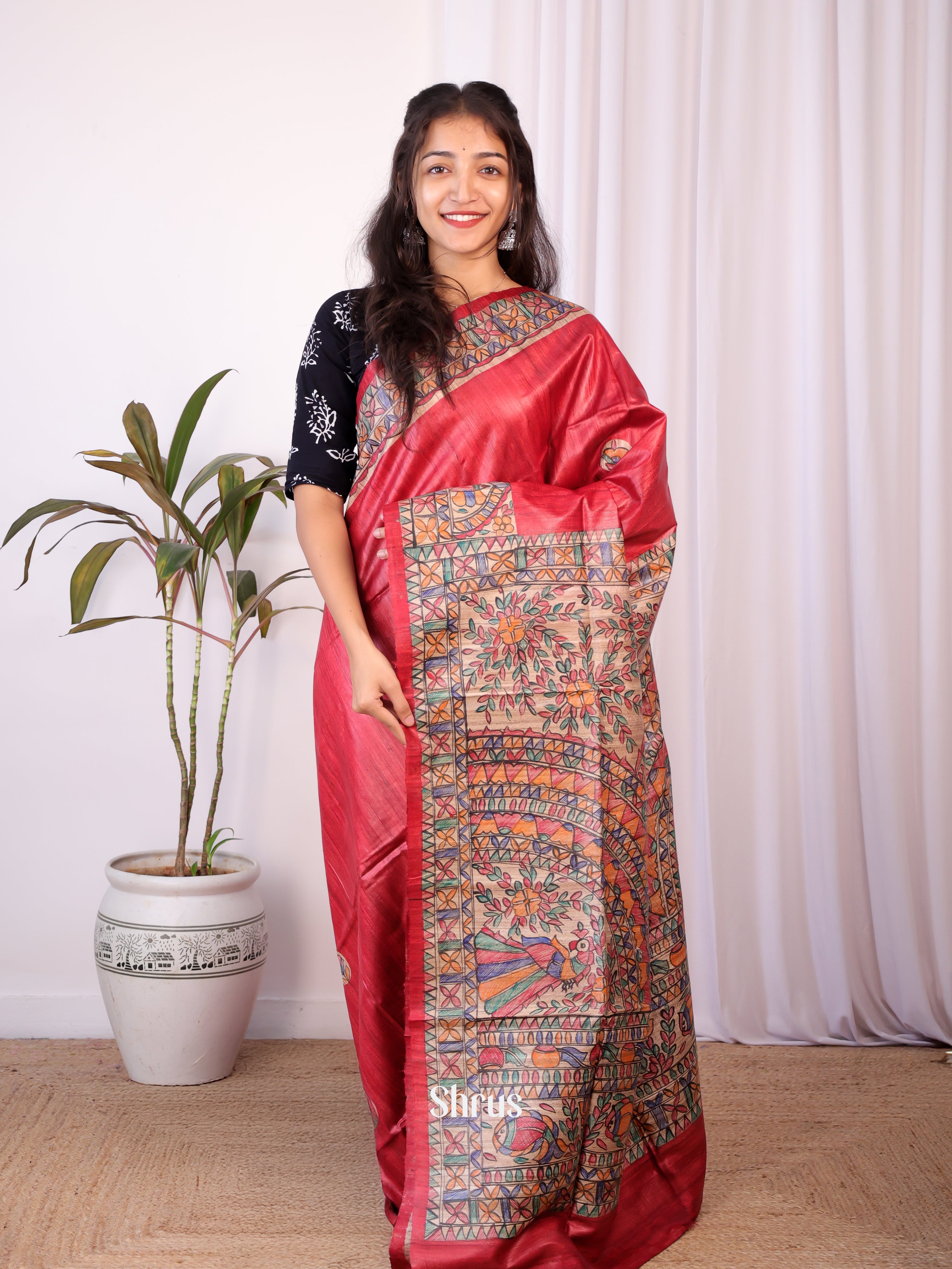 Red - Tussar Saree - Shop on Shrus.com