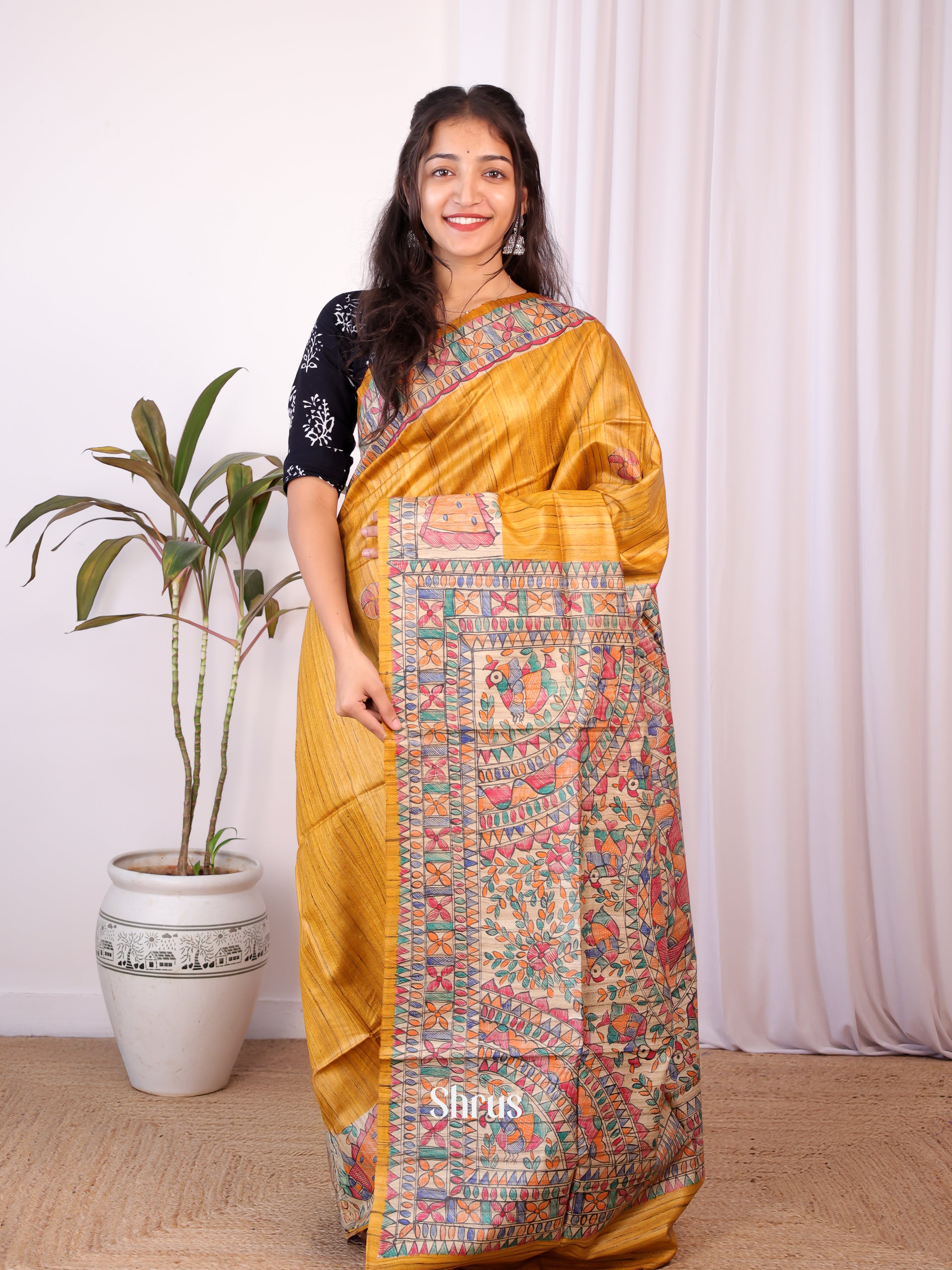 Mustard & Beige - Tussar Silk Saree - Shop on Shrus.com
